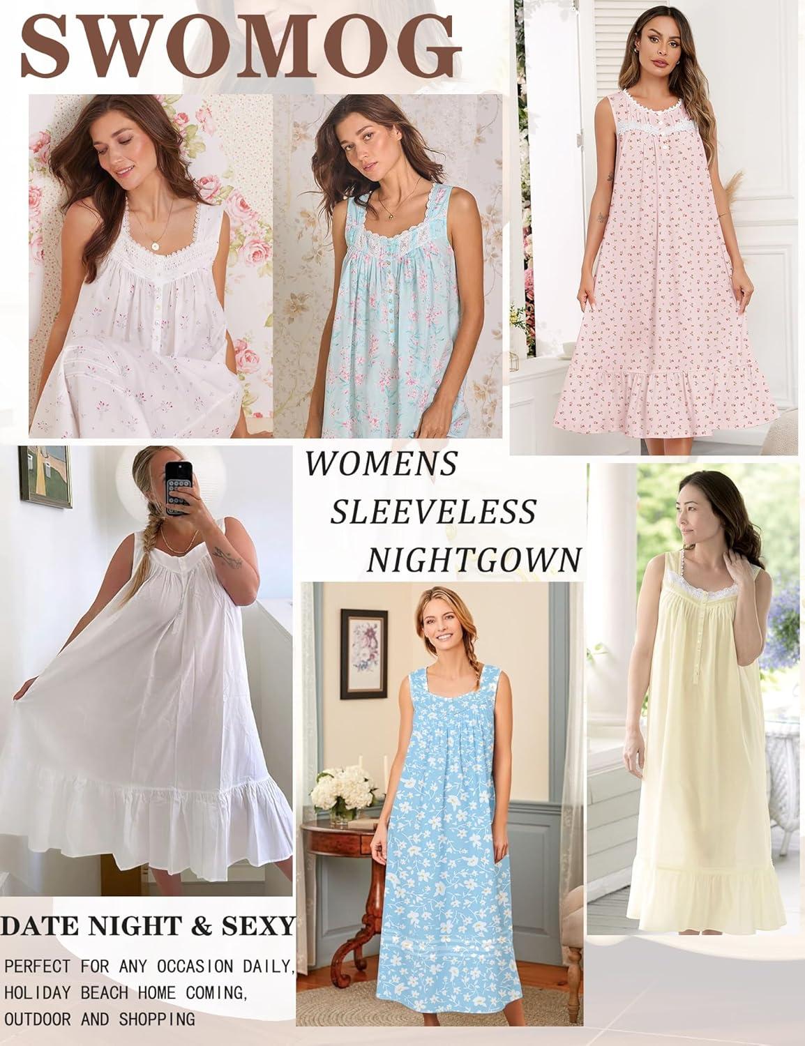 imageSWOMOG Nightgowns for Women Soft Sleeveless Nightdress with Pockets Ruffle Ladies SleepshirtsStyleb Pink Flower