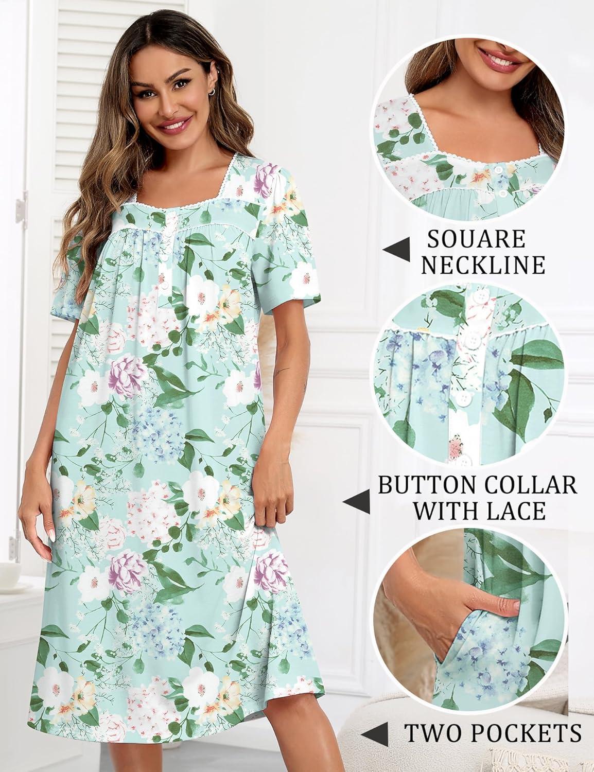 imageSWOMOG Nightgowns for Women Soft Sleeveless Nightdress with Pockets Ruffle Ladies SleepshirtsStylec Green Flower