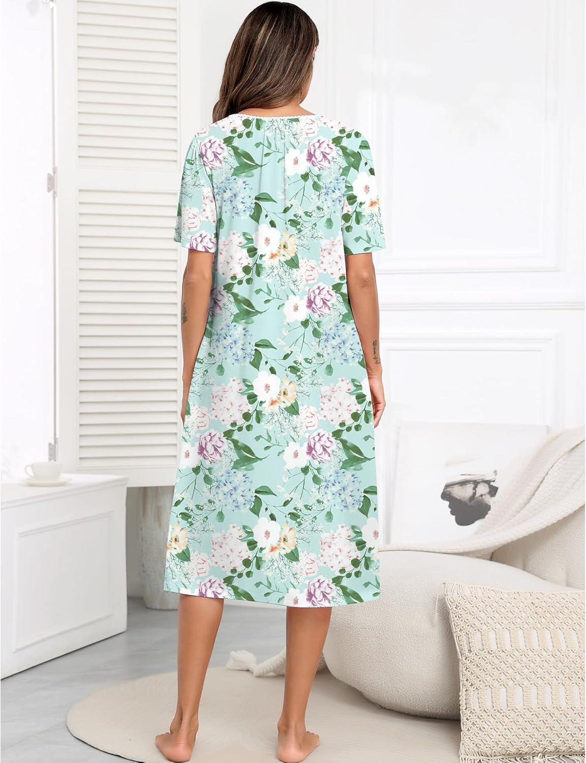 imageSWOMOG Nightgowns for Women Soft Sleeveless Nightdress with Pockets Ruffle Ladies SleepshirtsStylec Green Flower