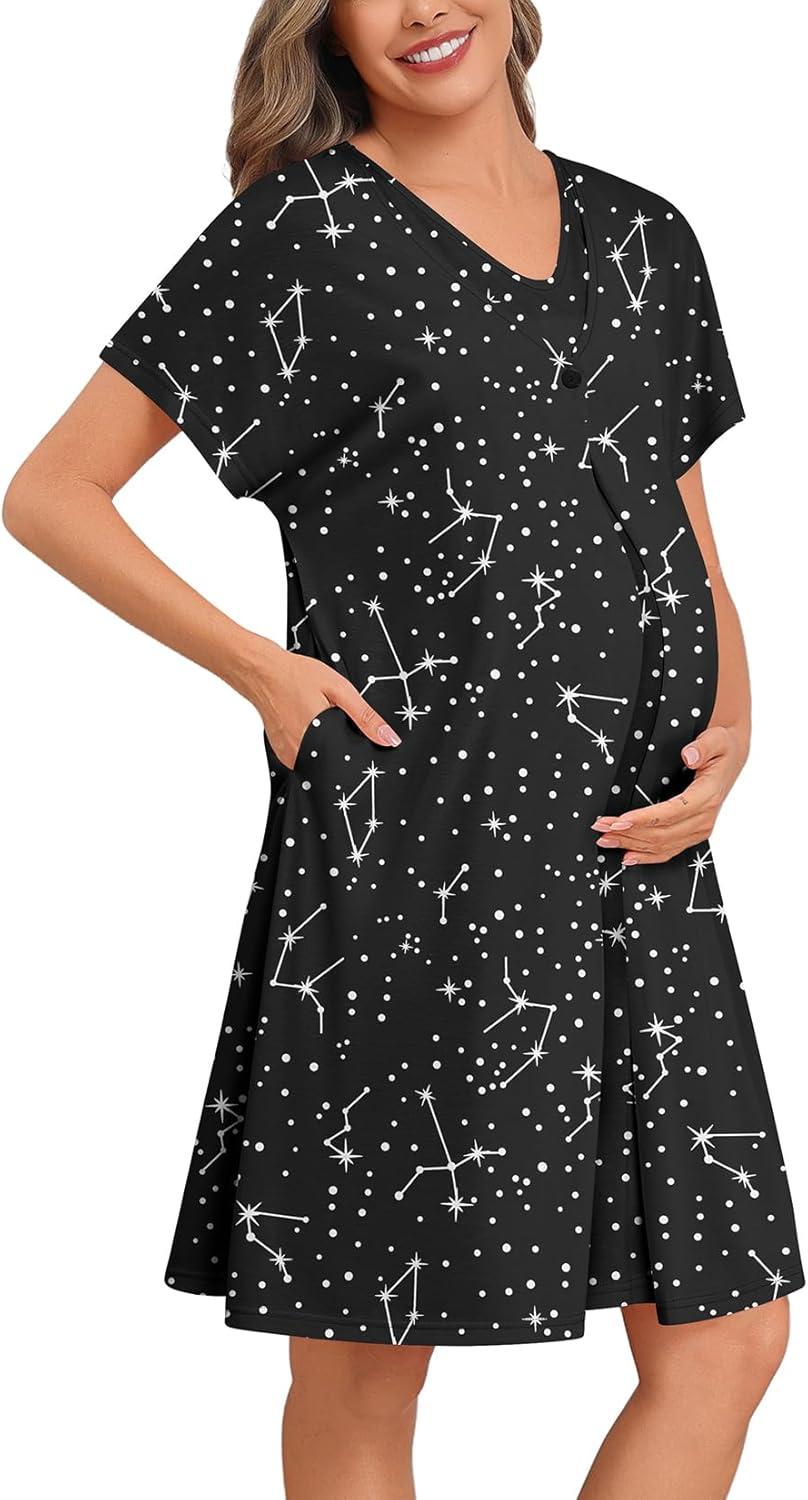 imageSWOMOG Nursing Nightgown 3 in 1 Labor and Delivery Hospital Gown Maternity Dress Short Sleeve Birthing Robe for BreastfeedingBlack Star