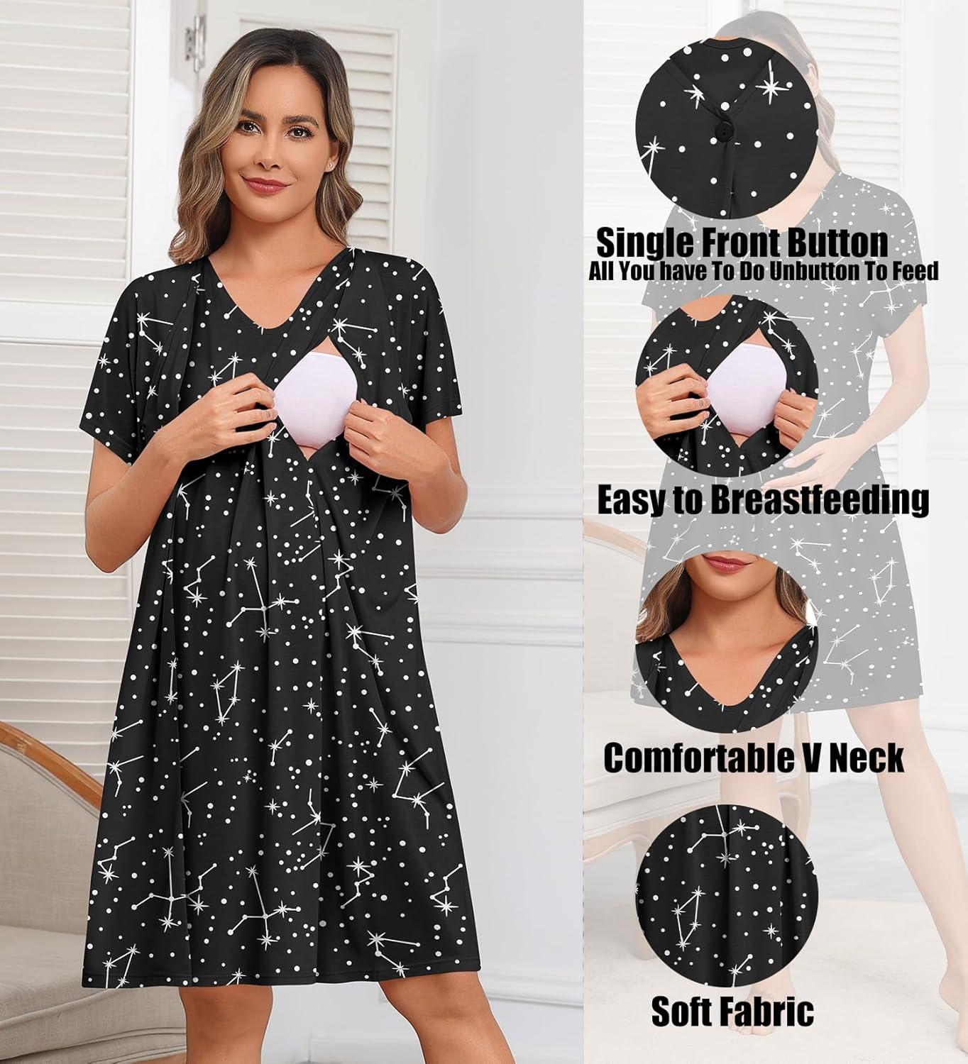 imageSWOMOG Nursing Nightgown 3 in 1 Labor and Delivery Hospital Gown Maternity Dress Short Sleeve Birthing Robe for BreastfeedingBlack Star