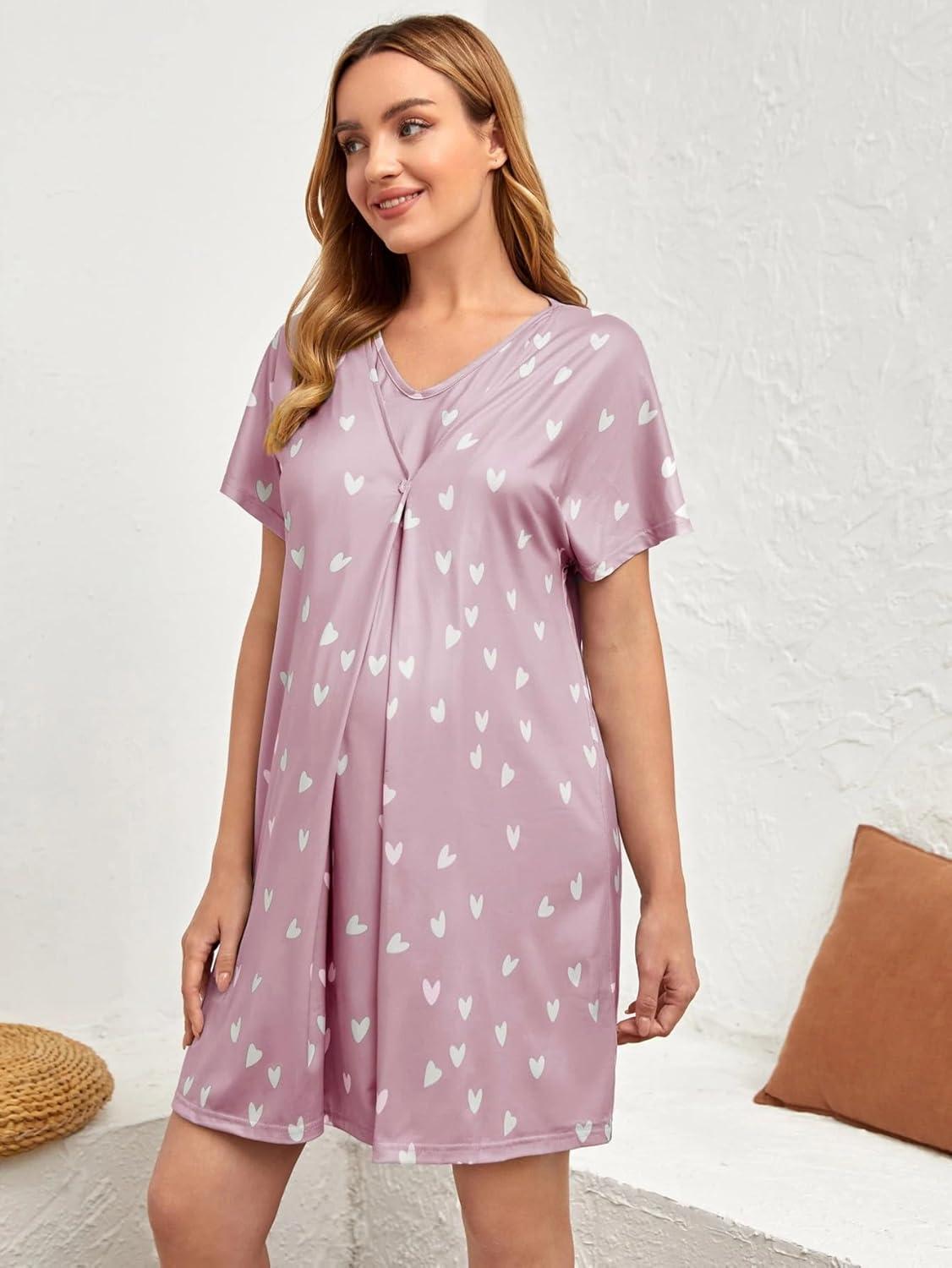 imageSWOMOG Nursing Nightgown 3 in 1 Labor and Delivery Hospital Gown Maternity Dress Short Sleeve Birthing Robe for BreastfeedingLilac Purple Heart