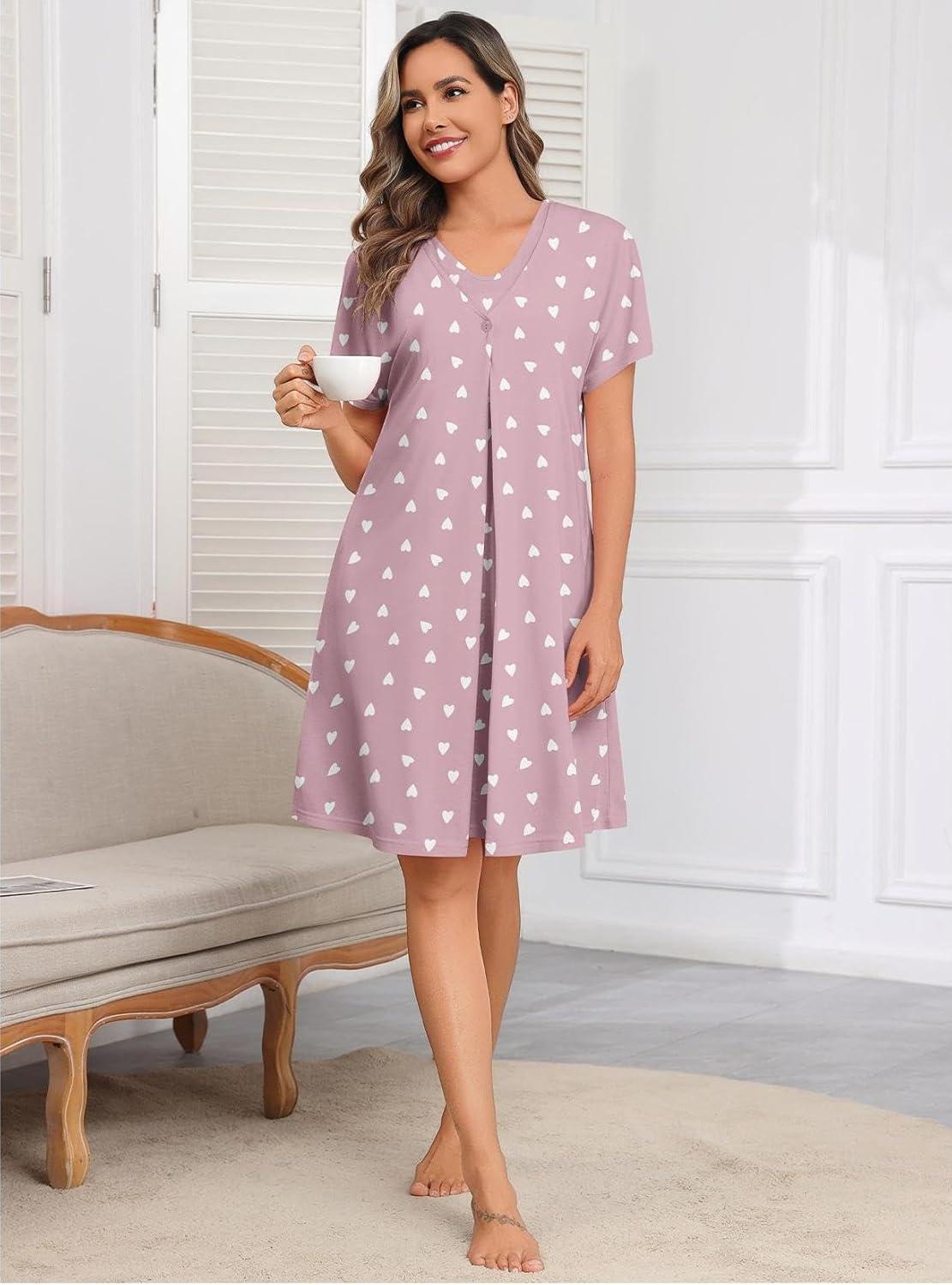imageSWOMOG Nursing Nightgown 3 in 1 Labor and Delivery Hospital Gown Maternity Dress Short Sleeve Birthing Robe for BreastfeedingLilac Purple Heart