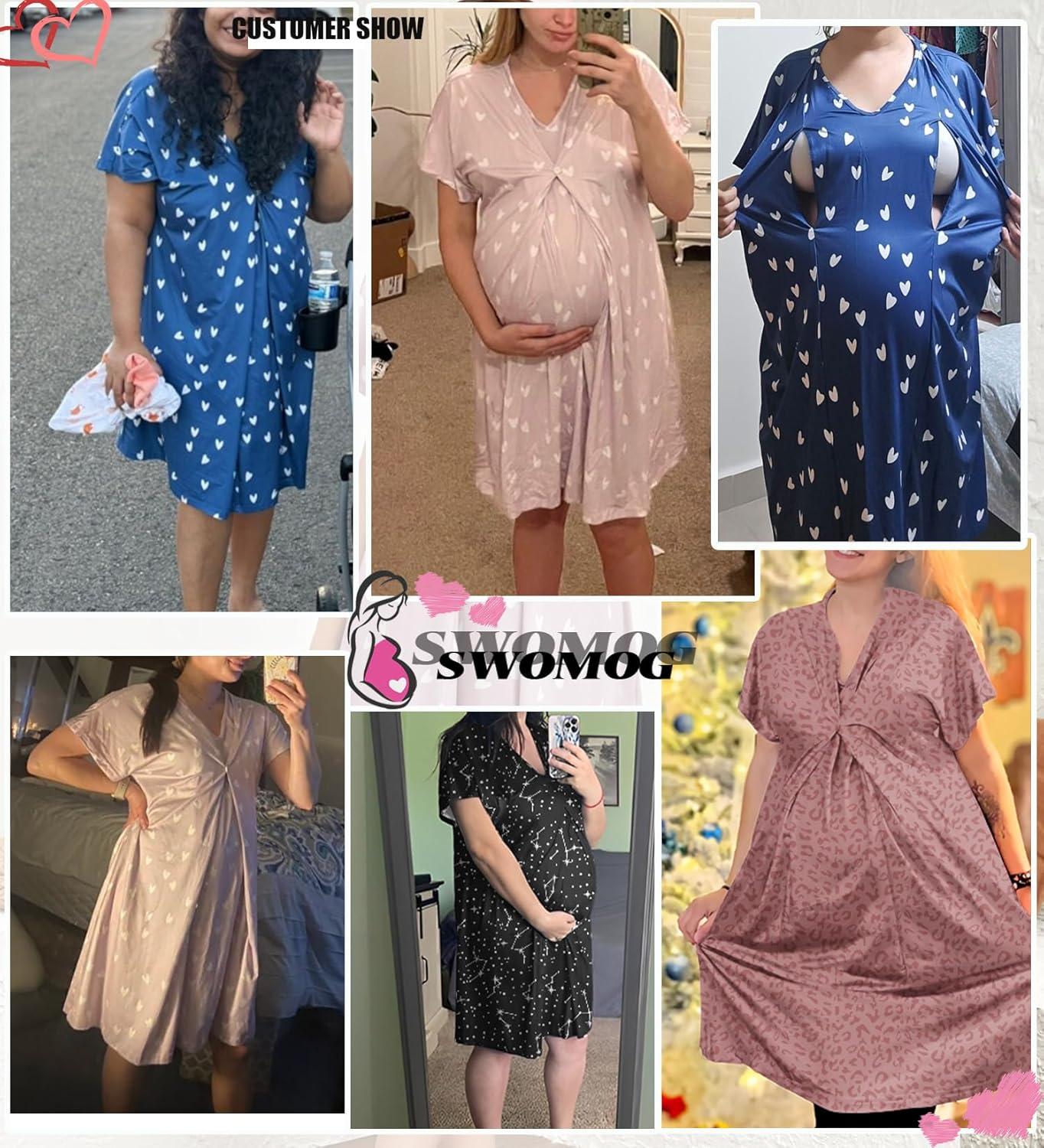 imageSWOMOG Nursing Nightgown 3 in 1 Labor and Delivery Hospital Gown Maternity Dress Short Sleeve Birthing Robe for BreastfeedingLilac Purple Heart