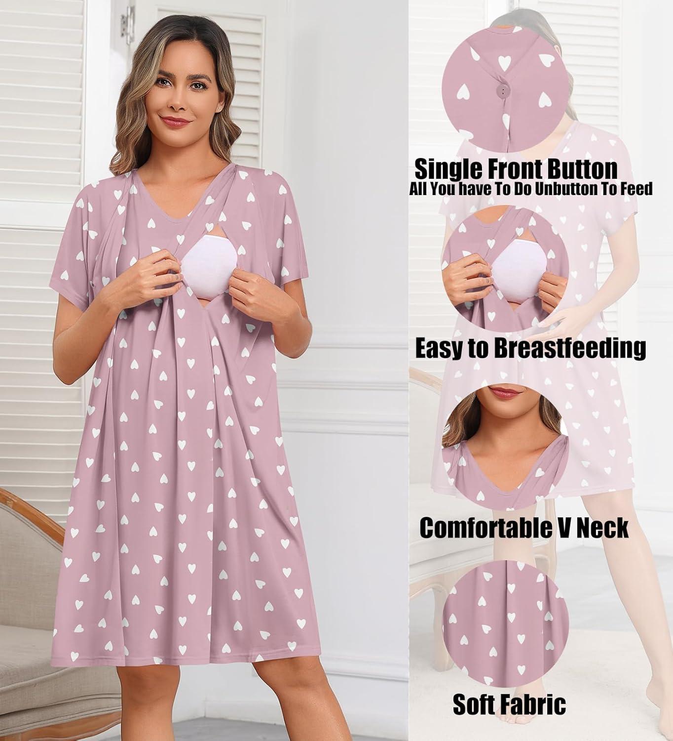 imageSWOMOG Nursing Nightgown 3 in 1 Labor and Delivery Hospital Gown Maternity Dress Short Sleeve Birthing Robe for BreastfeedingLilac Purple Heart