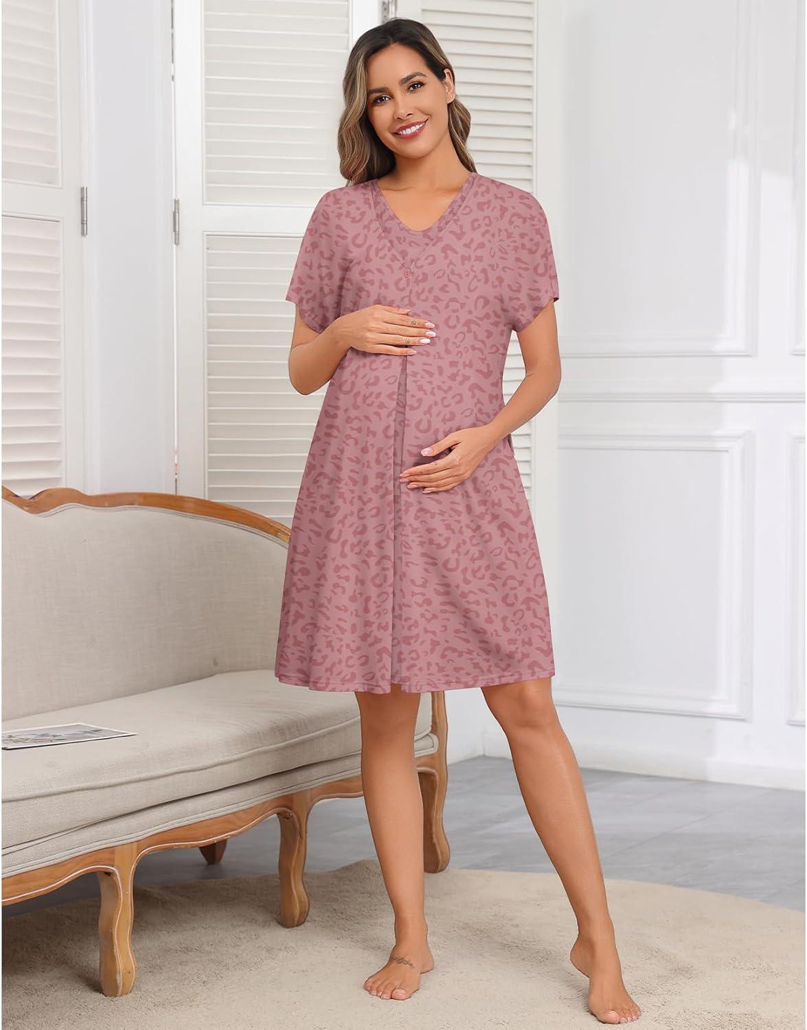 imageSWOMOG Nursing Nightgown 3 in 1 Labor and Delivery Hospital Gown Maternity Dress Short Sleeve Birthing Robe for BreastfeedingTaropurple Leopard