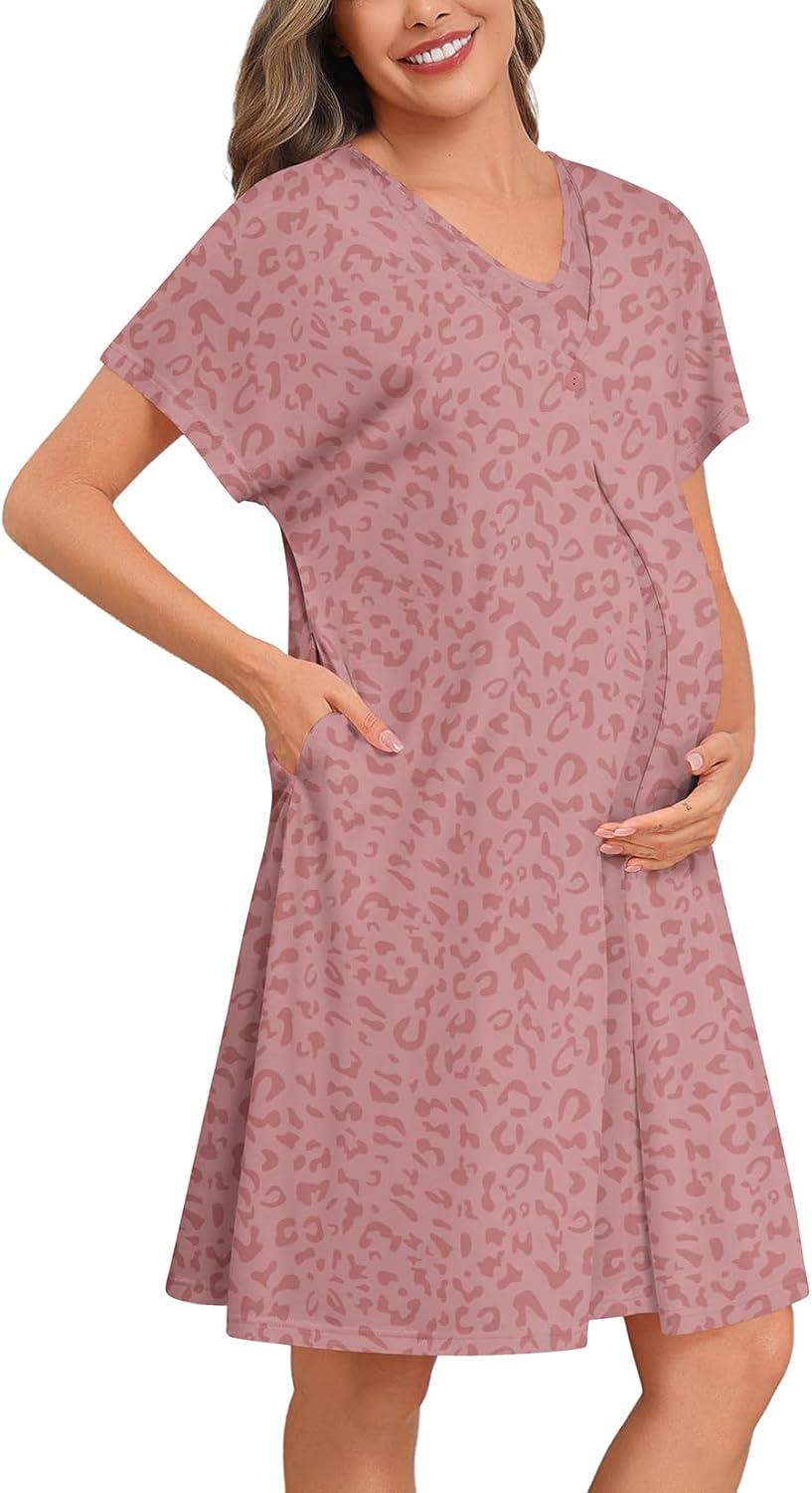 imageSWOMOG Nursing Nightgown 3 in 1 Labor and Delivery Hospital Gown Maternity Dress Short Sleeve Birthing Robe for BreastfeedingTaropurple Leopard