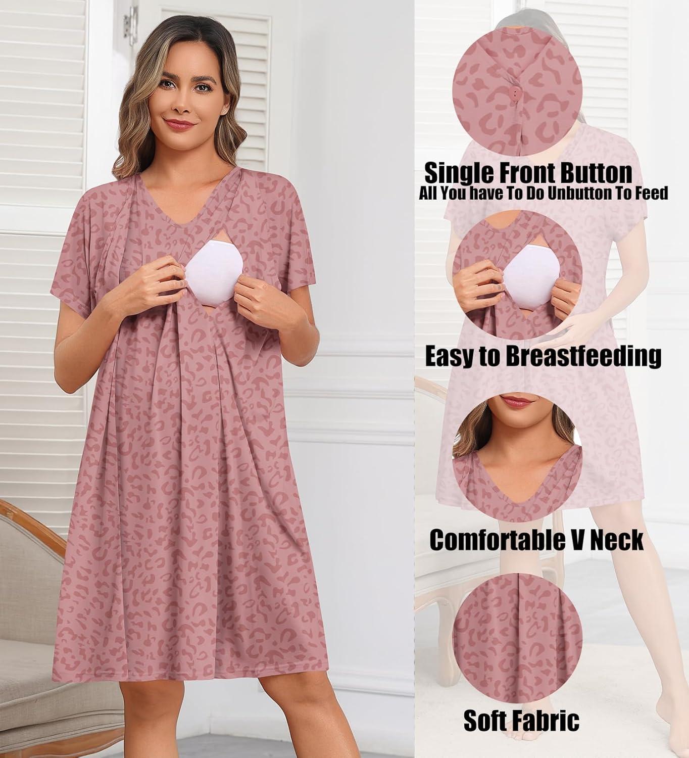 imageSWOMOG Nursing Nightgown 3 in 1 Labor and Delivery Hospital Gown Maternity Dress Short Sleeve Birthing Robe for BreastfeedingTaropurple Leopard