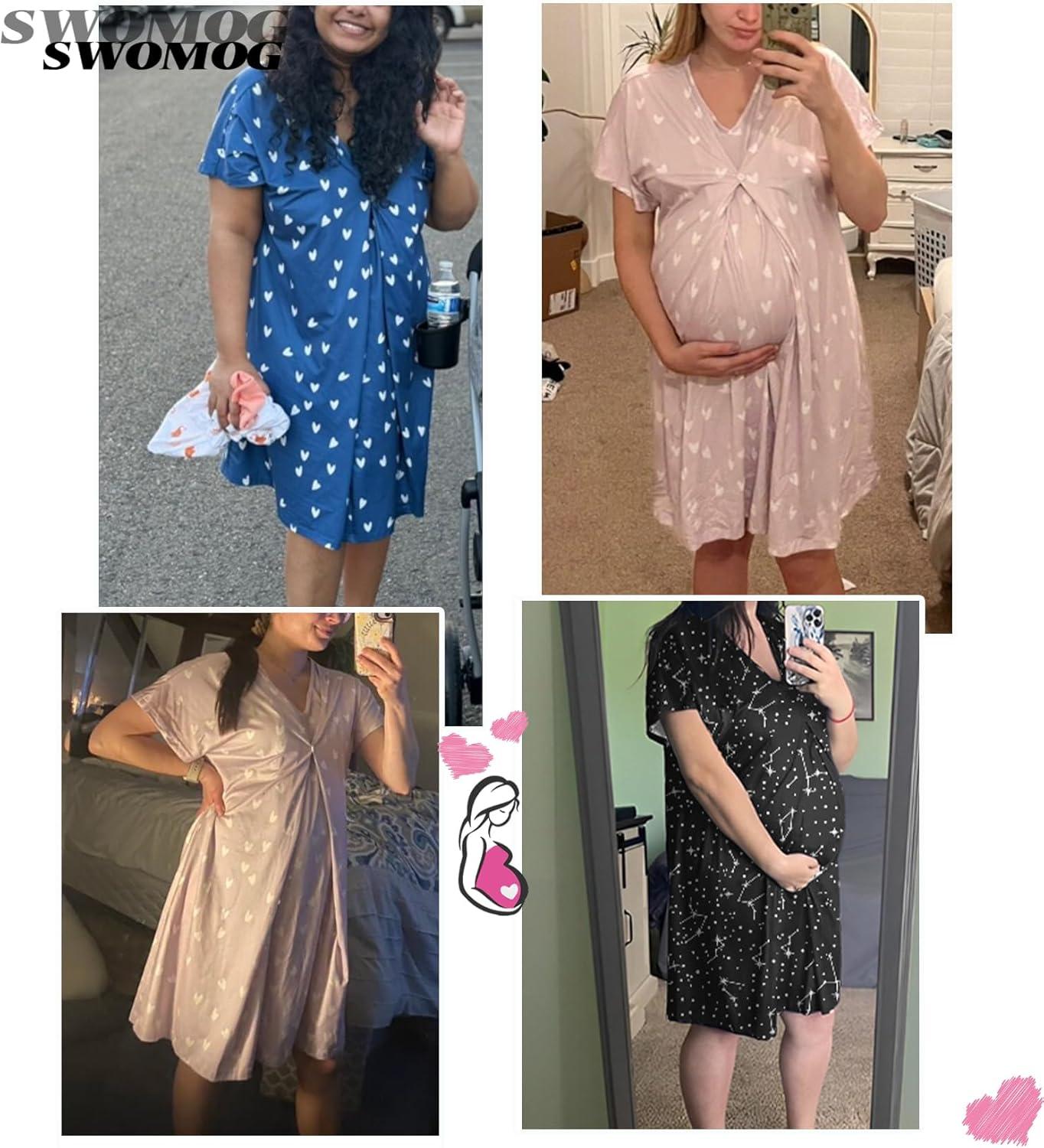 imageSWOMOG Nursing Nightgown 3 in 1 Labor and Delivery Hospital Gown Maternity Dress Short Sleeve Birthing Robe for BreastfeedingTaropurple Leopard
