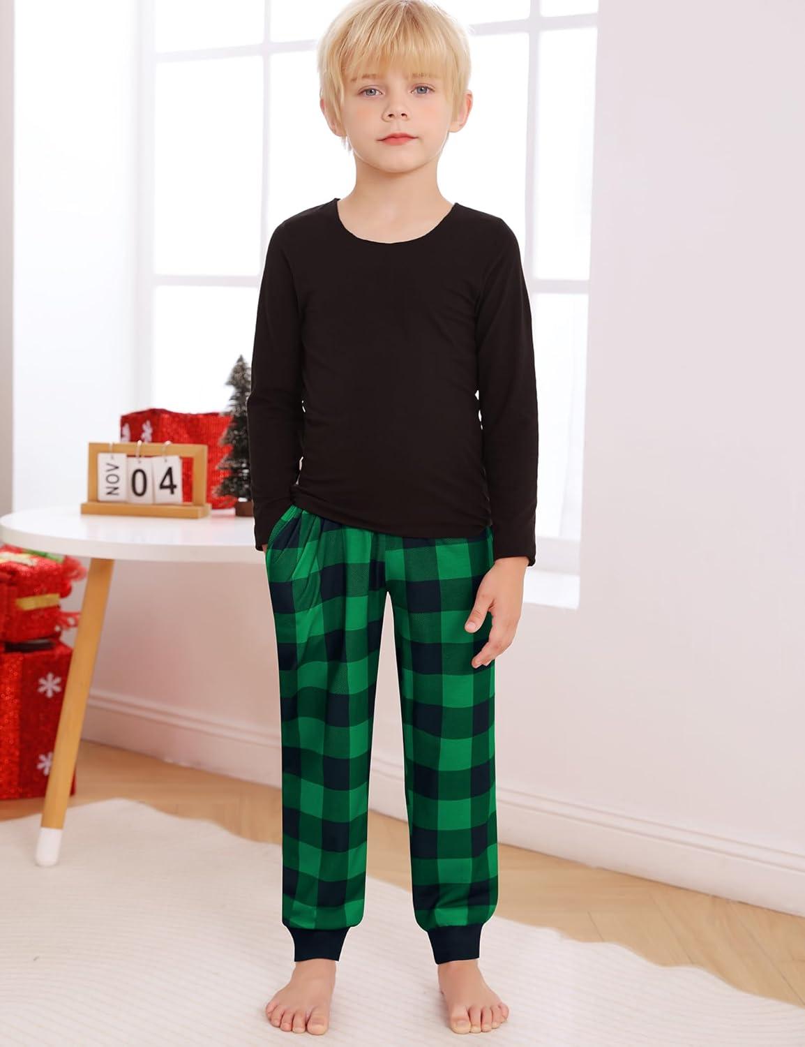 imageSWOMOG Unisex Kids Plaid Pajama pants for Boys amp Girls Comfy Sleepwear Bottoms Lounge Jogger PJ Pants with PocketsBlack Green Plaid