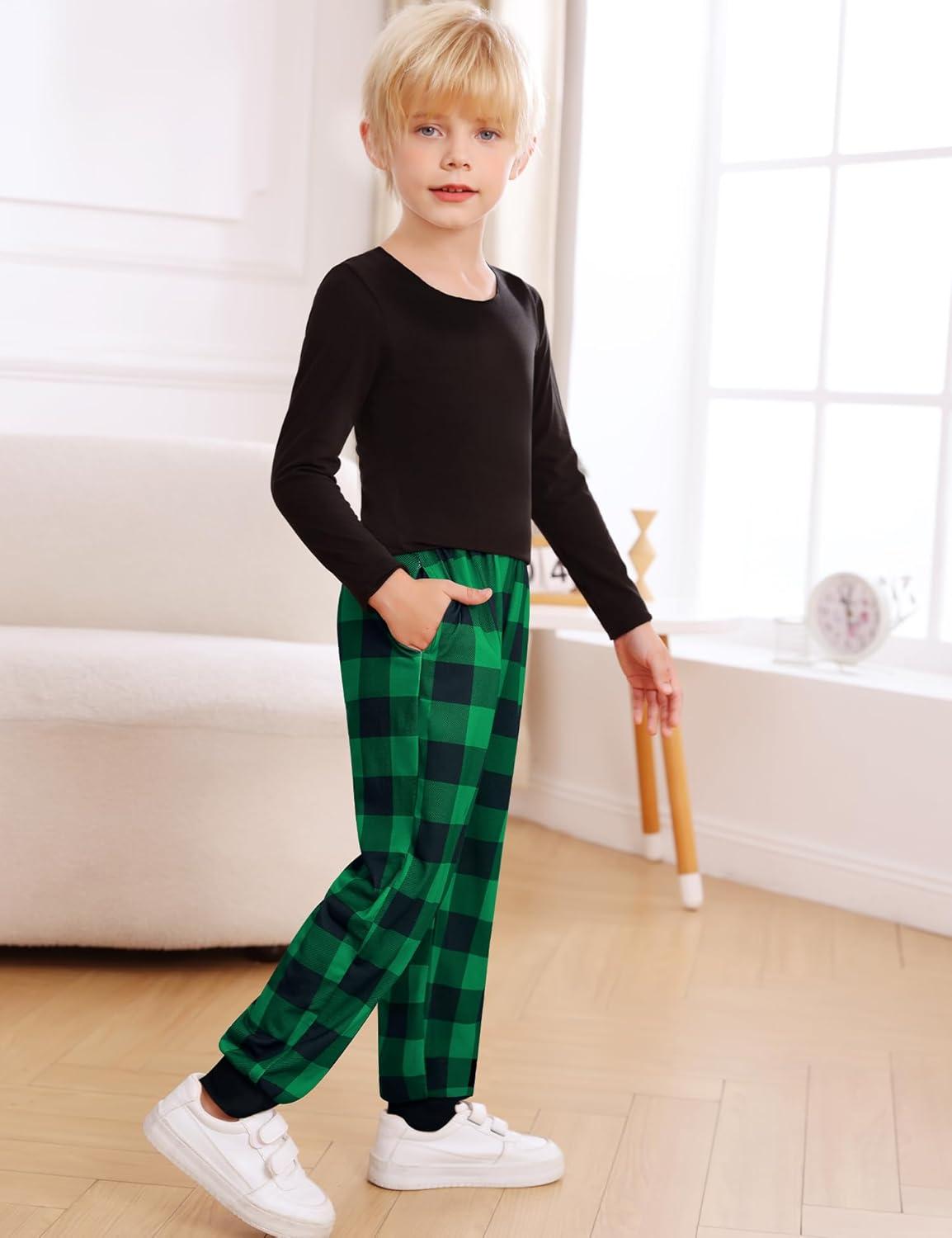 imageSWOMOG Unisex Kids Plaid Pajama pants for Boys amp Girls Comfy Sleepwear Bottoms Lounge Jogger PJ Pants with PocketsBlack Green Plaid