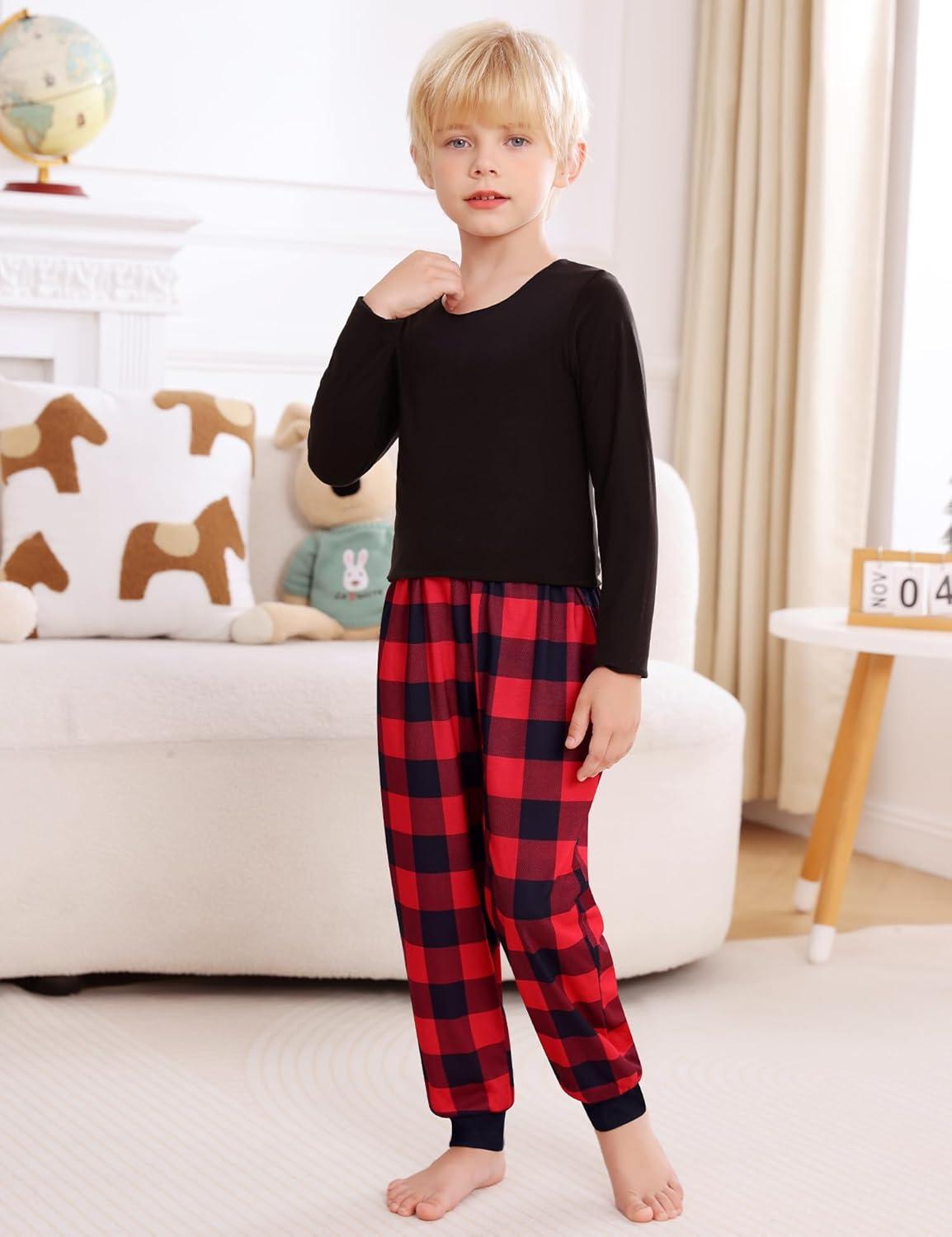 imageSWOMOG Unisex Kids Plaid Pajama pants for Boys amp Girls Comfy Sleepwear Bottoms Lounge Jogger PJ Pants with PocketsBlack Red Plaid
