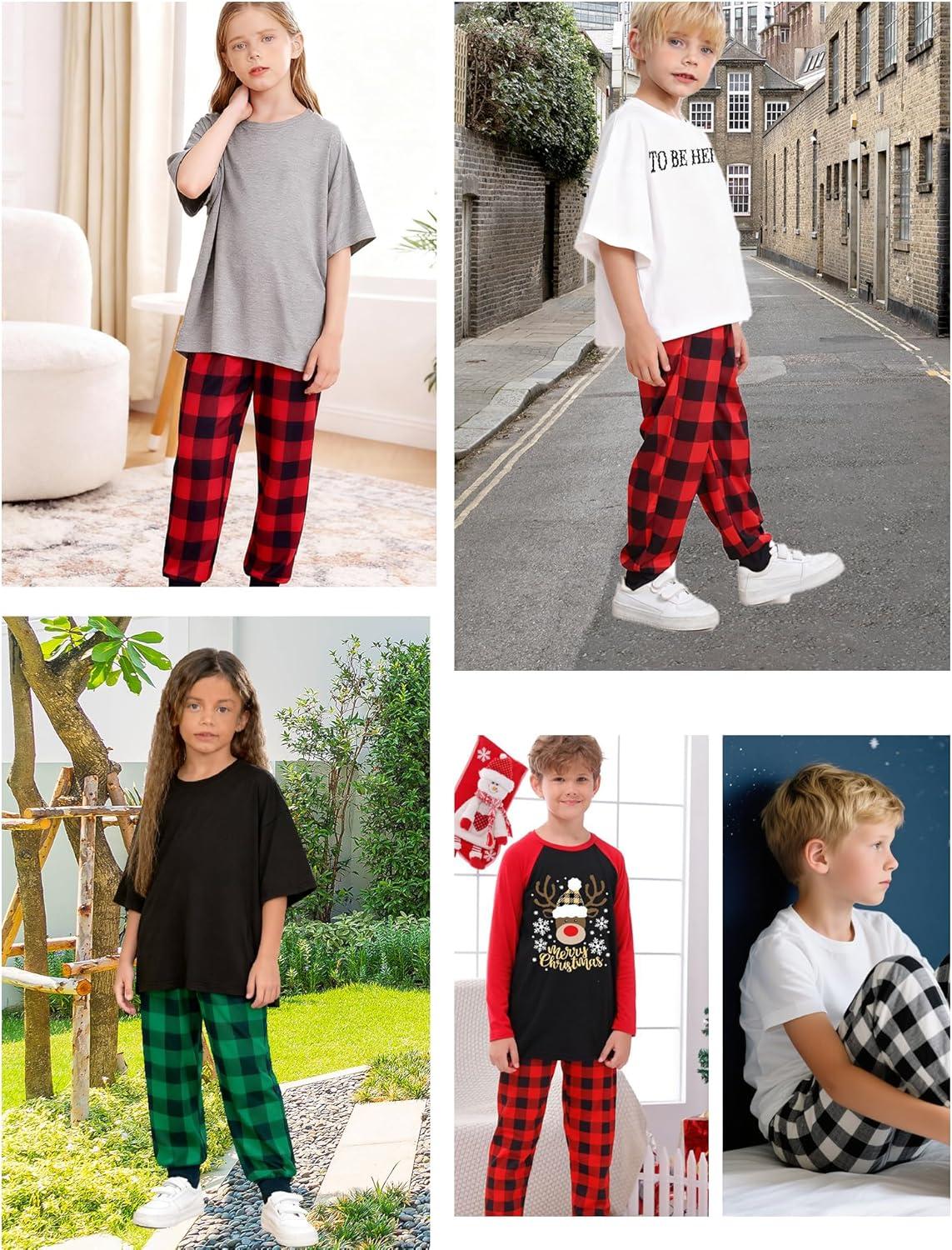 imageSWOMOG Unisex Kids Plaid Pajama pants for Boys amp Girls Comfy Sleepwear Bottoms Lounge Jogger PJ Pants with PocketsBlack Red Plaid
