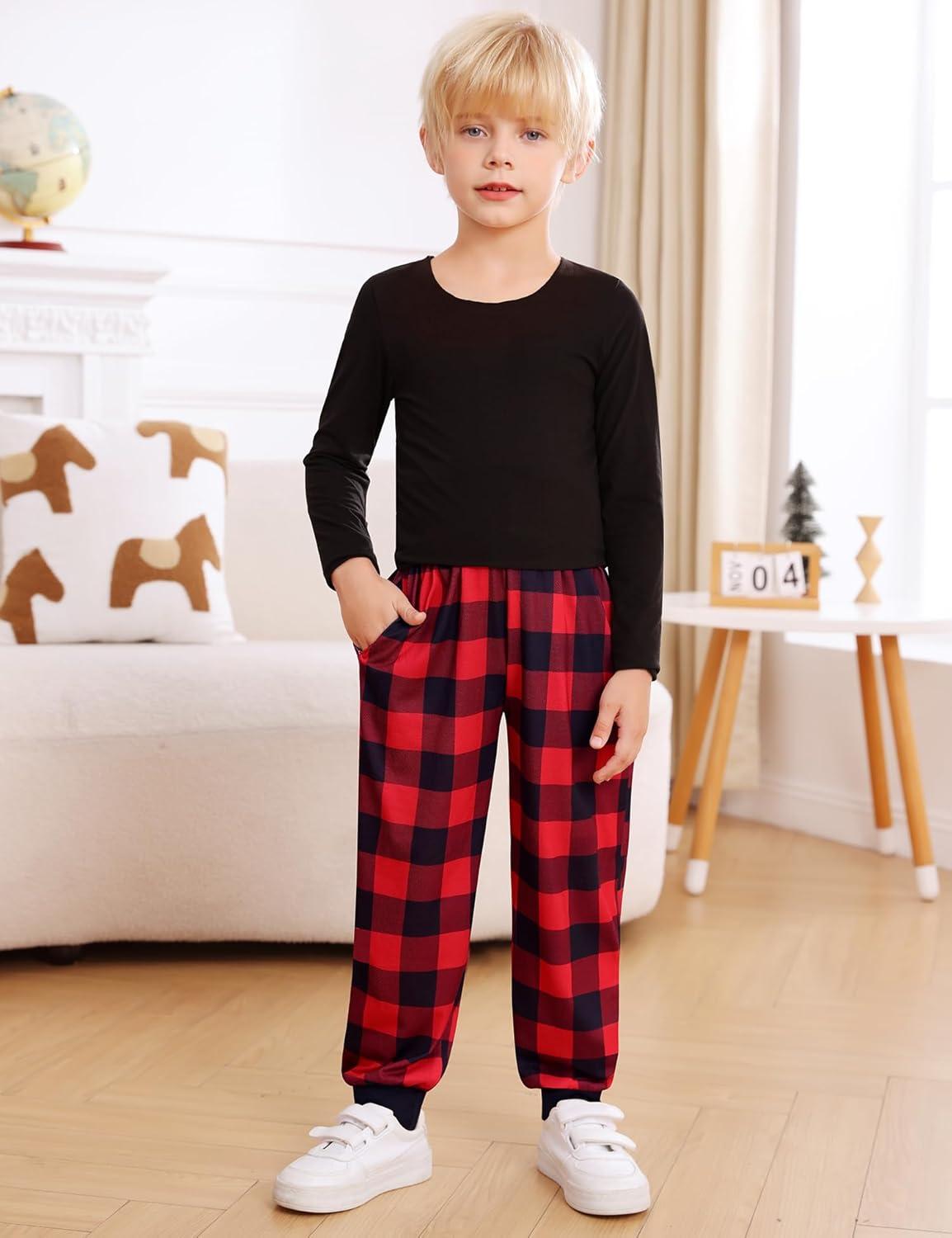 imageSWOMOG Unisex Kids Plaid Pajama pants for Boys amp Girls Comfy Sleepwear Bottoms Lounge Jogger PJ Pants with PocketsBlack Red Plaid