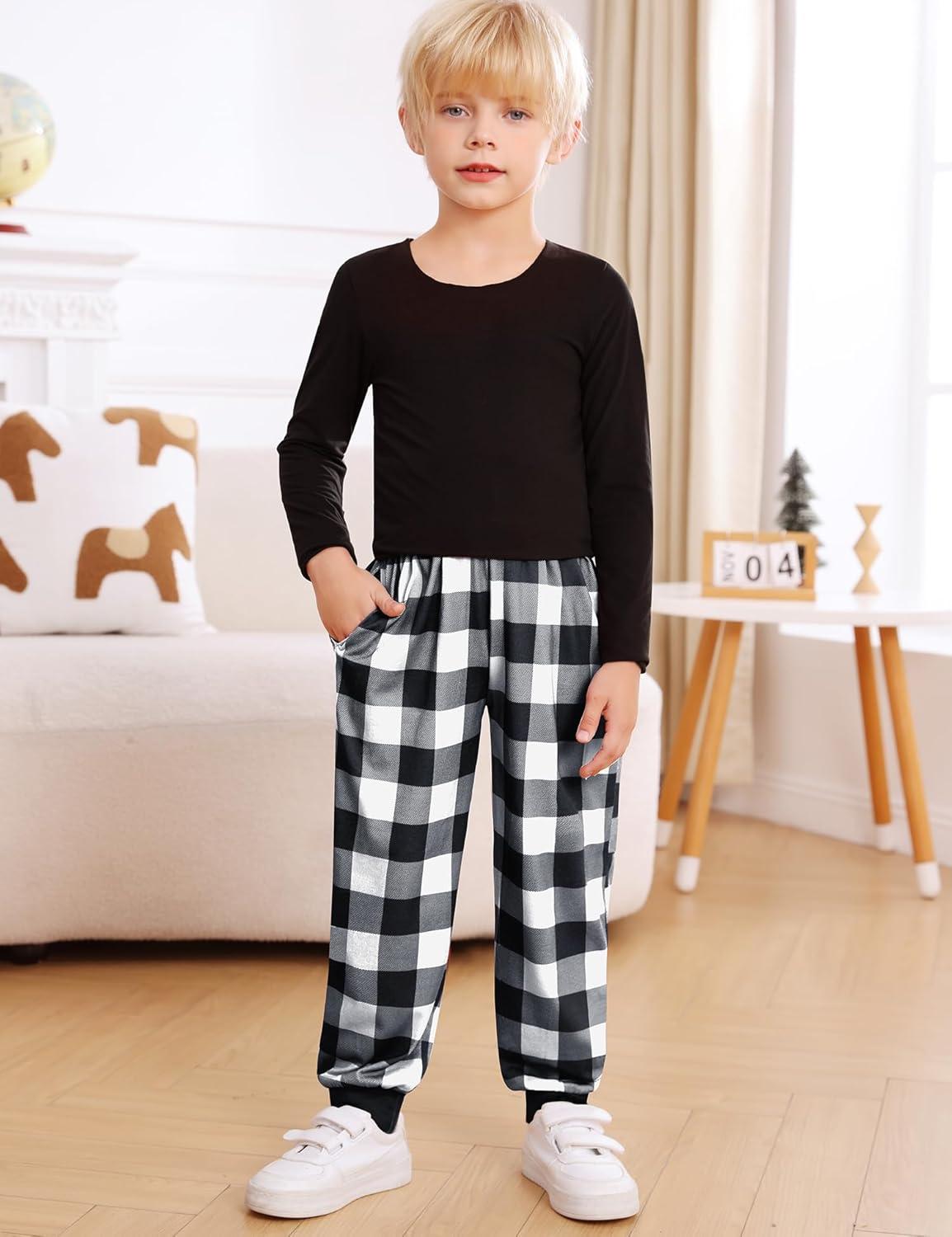 imageSWOMOG Unisex Kids Plaid Pajama pants for Boys amp Girls Comfy Sleepwear Bottoms Lounge Jogger PJ Pants with PocketsBlack White