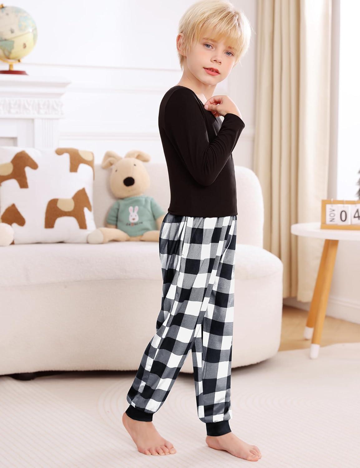 imageSWOMOG Unisex Kids Plaid Pajama pants for Boys amp Girls Comfy Sleepwear Bottoms Lounge Jogger PJ Pants with PocketsBlack White
