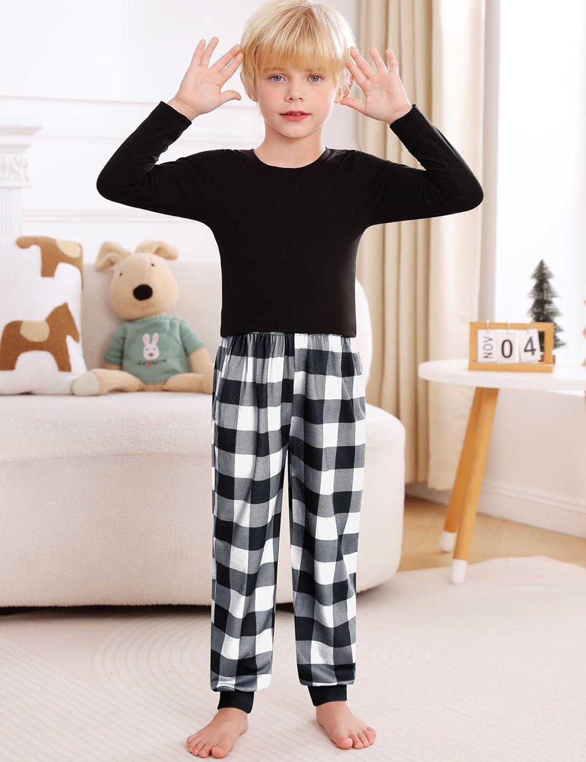 imageSWOMOG Unisex Kids Plaid Pajama pants for Boys amp Girls Comfy Sleepwear Bottoms Lounge Jogger PJ Pants with PocketsBlack White