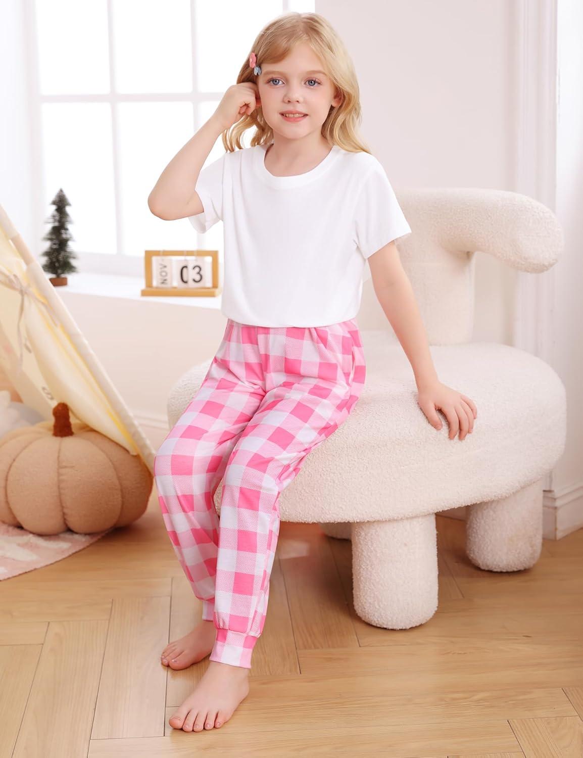 imageSWOMOG Unisex Kids Plaid Pajama pants for Boys amp Girls Comfy Sleepwear Bottoms Lounge Jogger PJ Pants with PocketsPink White Plaid
