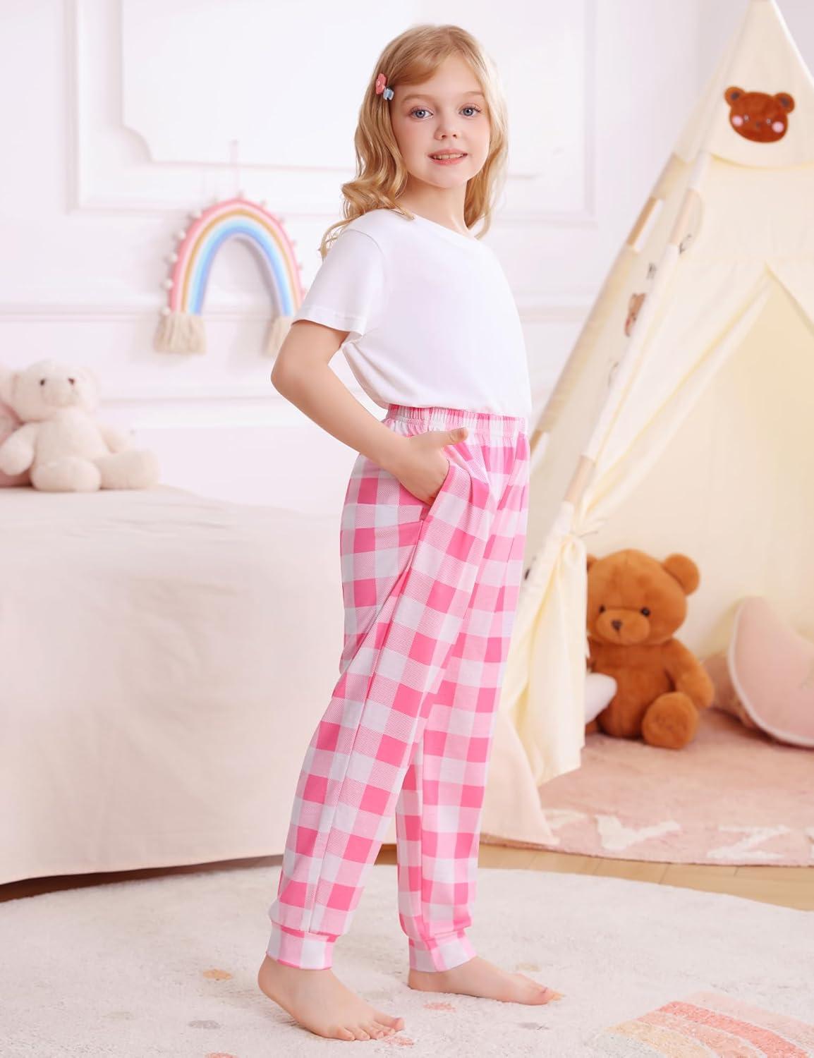 imageSWOMOG Unisex Kids Plaid Pajama pants for Boys amp Girls Comfy Sleepwear Bottoms Lounge Jogger PJ Pants with PocketsPink White Plaid
