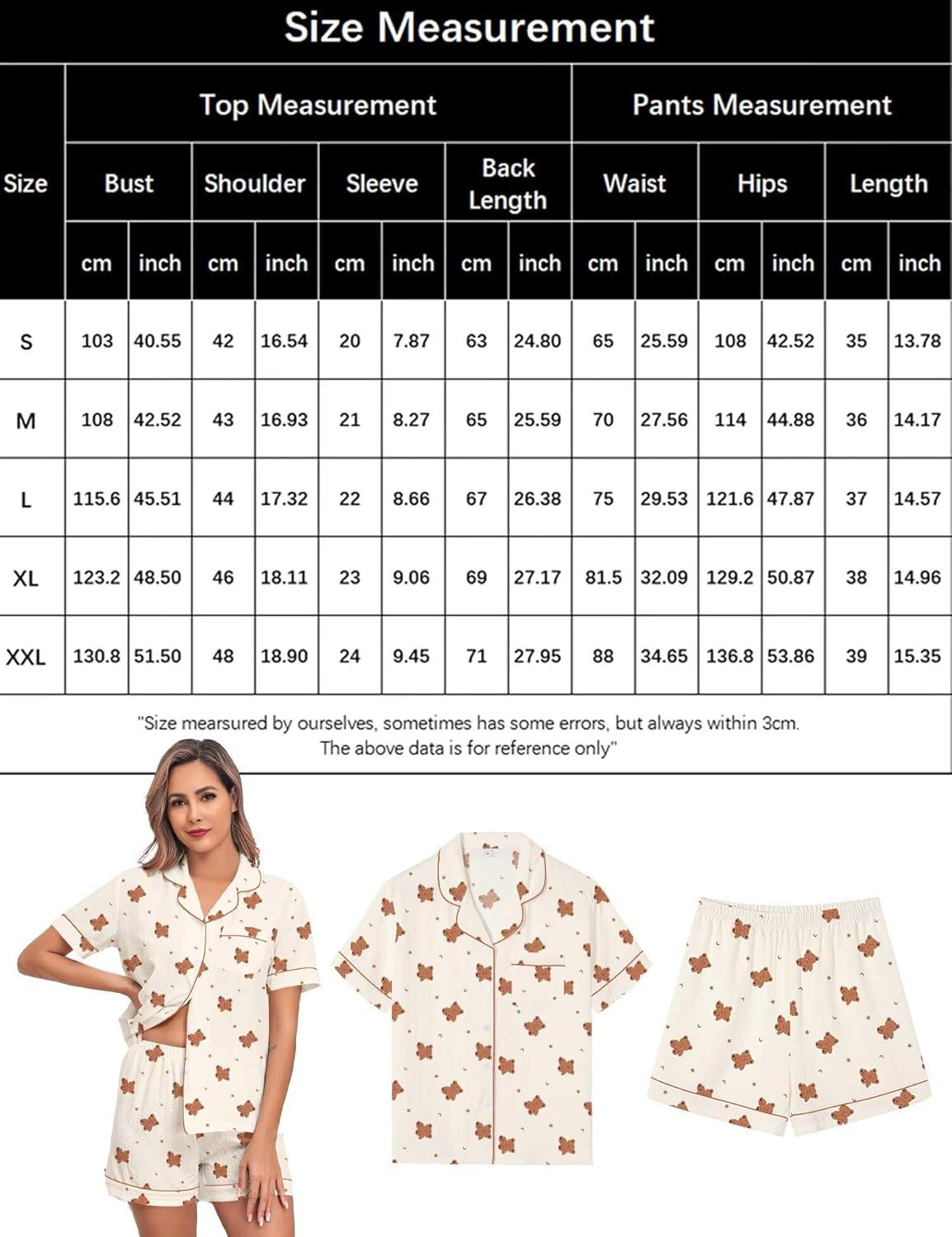 imageSWOMOG Women 2 Piece Pajamas Sets Short Sleeve Pj Sets Cute Printed Sleepwear Button Down Shirt with Lounge Shorts SetBear Beige