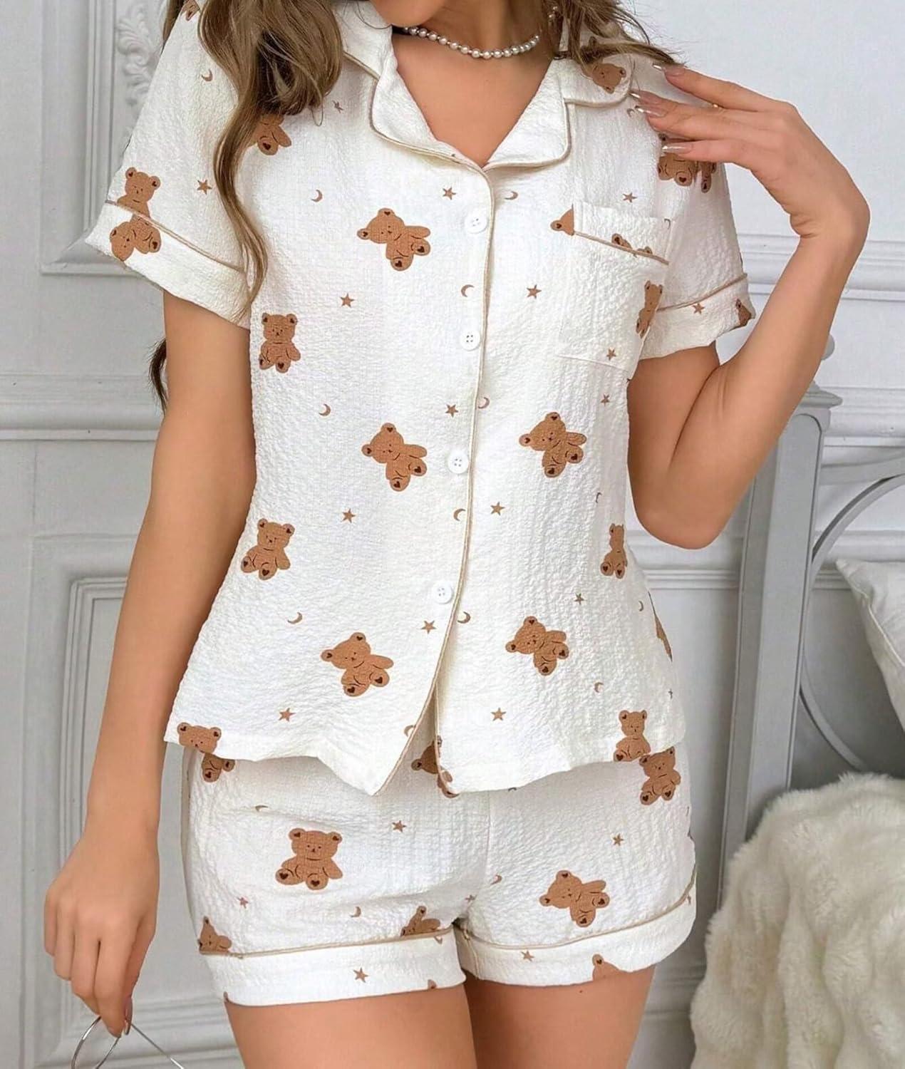 imageSWOMOG Women 2 Piece Pajamas Sets Short Sleeve Pj Sets Cute Printed Sleepwear Button Down Shirt with Lounge Shorts SetBear Beige