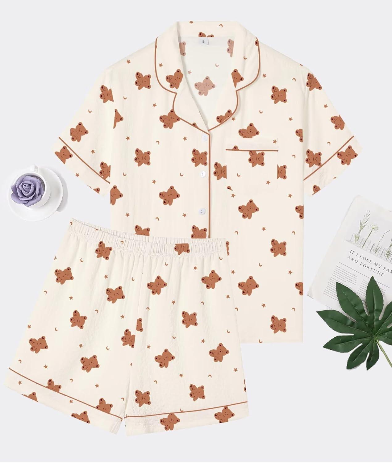 imageSWOMOG Women 2 Piece Pajamas Sets Short Sleeve Pj Sets Cute Printed Sleepwear Button Down Shirt with Lounge Shorts SetBear Beige