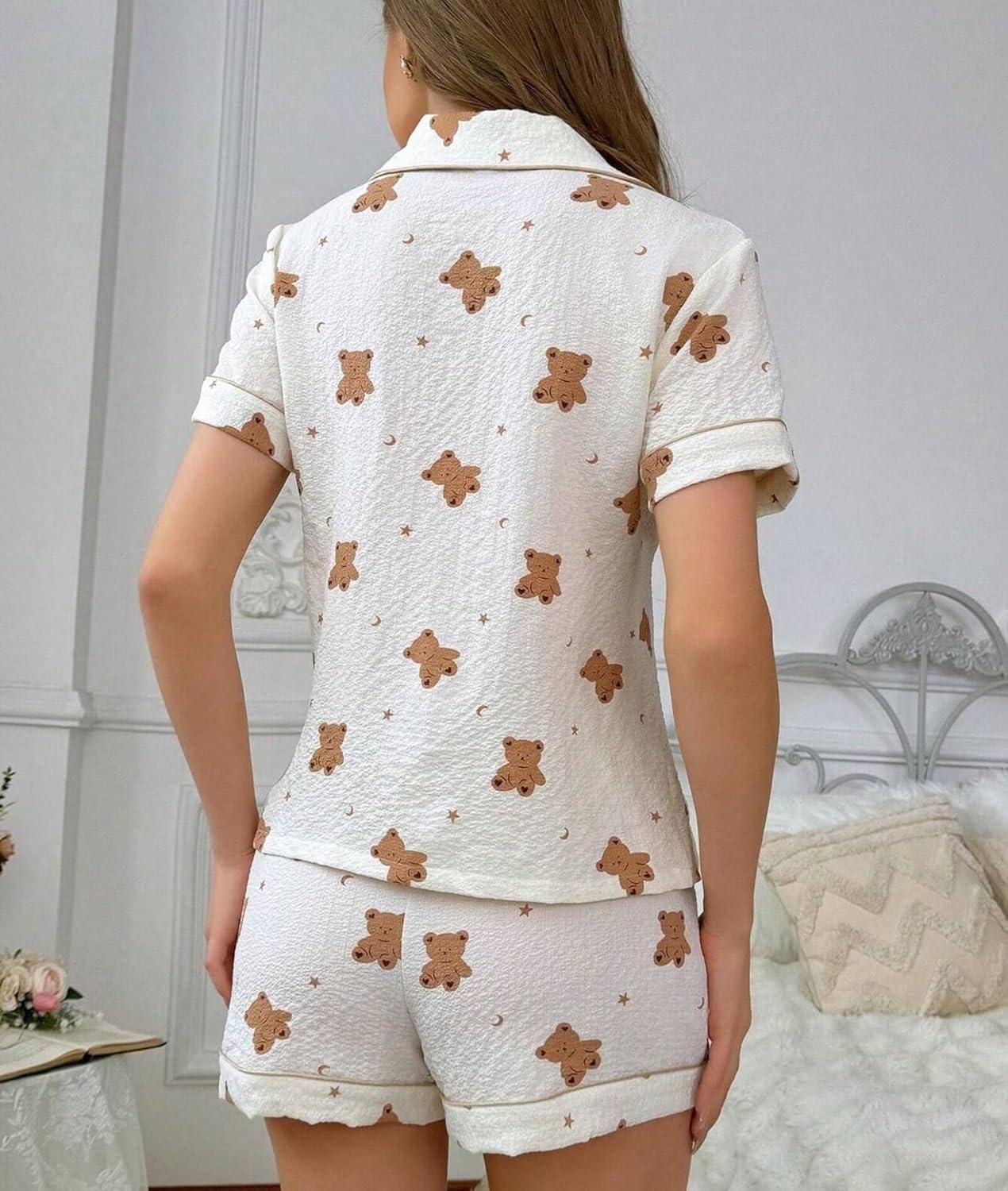 imageSWOMOG Women 2 Piece Pajamas Sets Short Sleeve Pj Sets Cute Printed Sleepwear Button Down Shirt with Lounge Shorts SetBear Beige