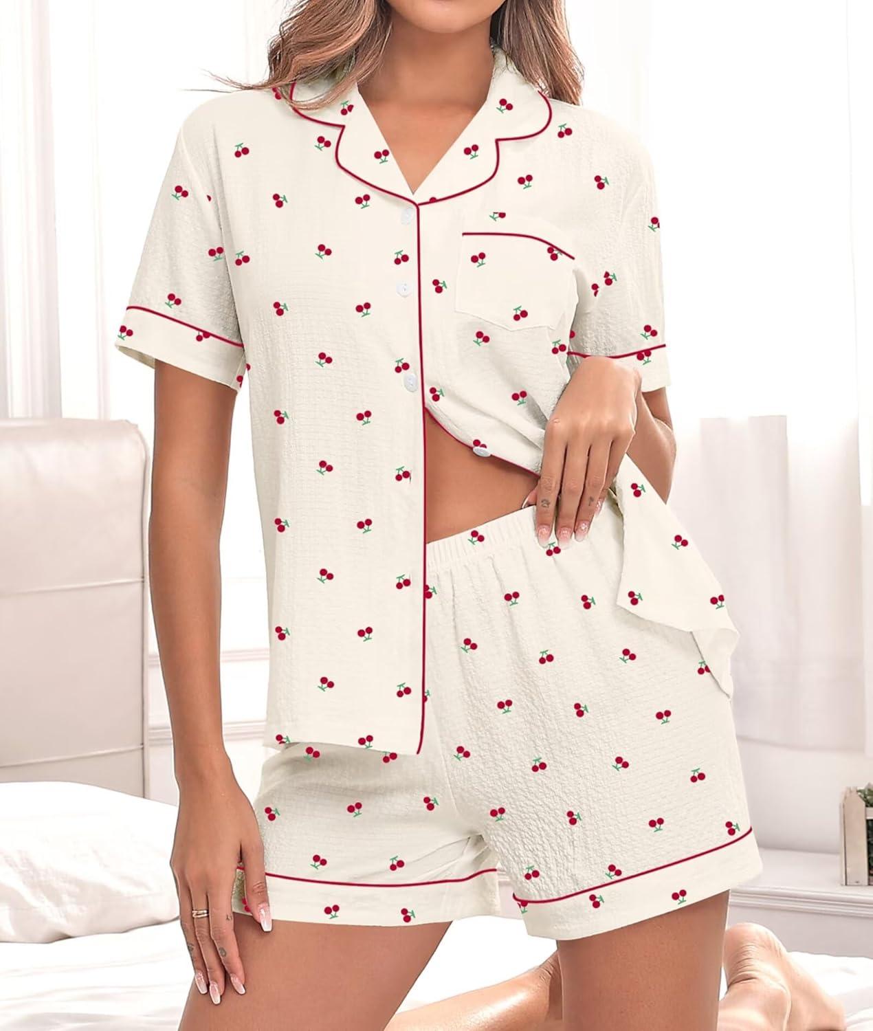 imageSWOMOG Women 2 Piece Pajamas Sets Short Sleeve Pj Sets Cute Printed Sleepwear Button Down Shirt with Lounge Shorts SetBeige Cherry