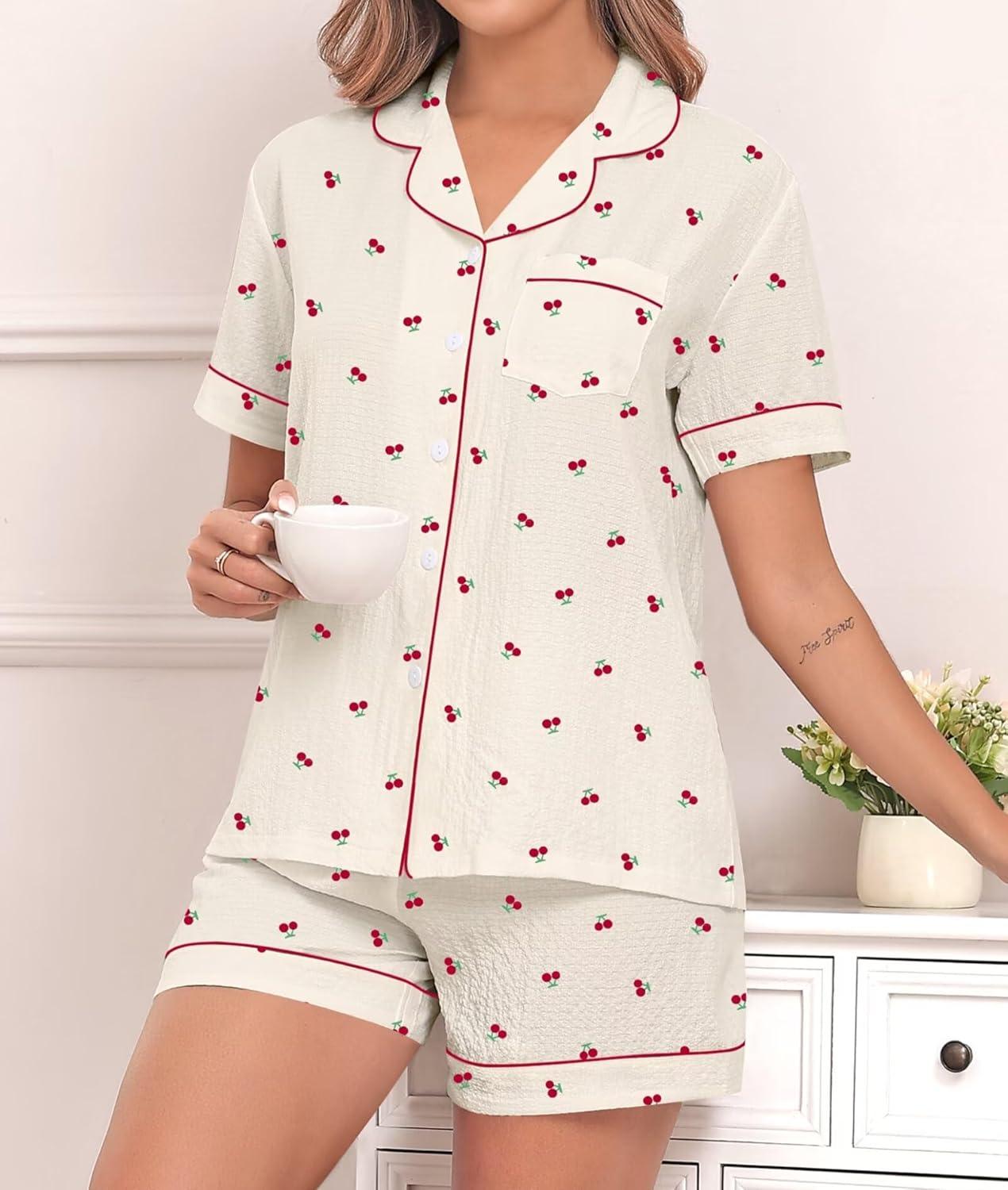 imageSWOMOG Women 2 Piece Pajamas Sets Short Sleeve Pj Sets Cute Printed Sleepwear Button Down Shirt with Lounge Shorts SetBeige Cherry