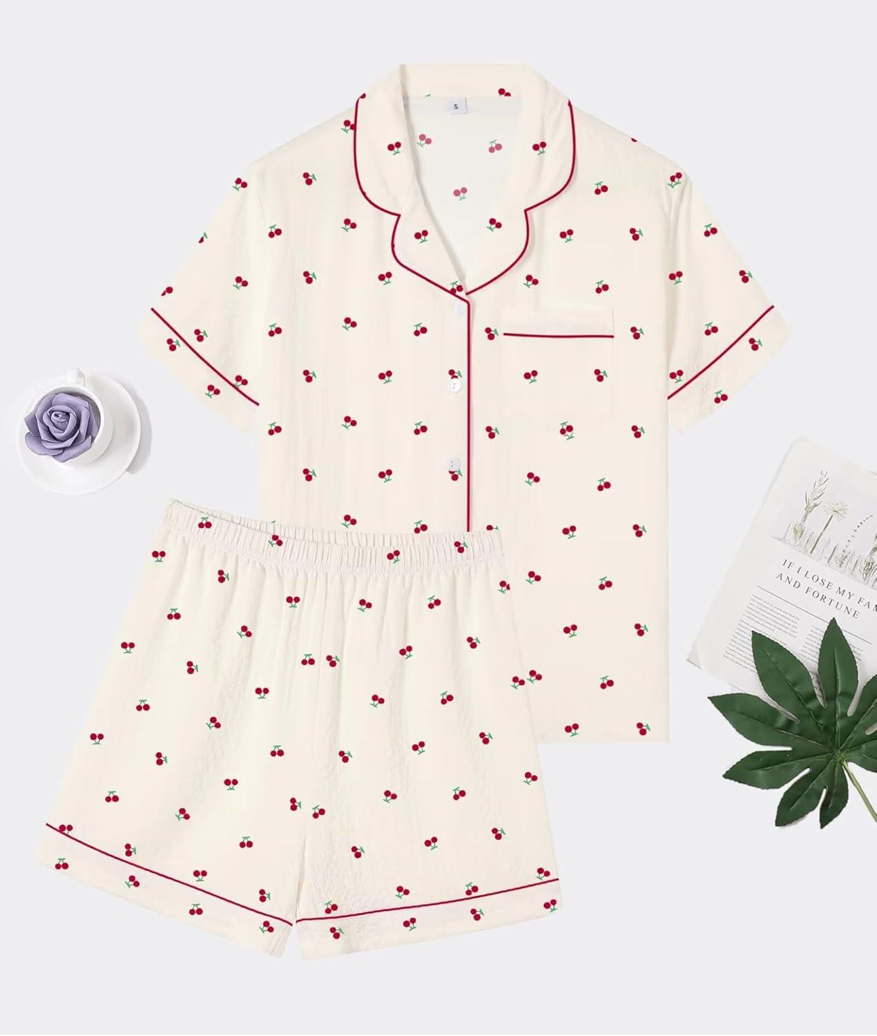 imageSWOMOG Women 2 Piece Pajamas Sets Short Sleeve Pj Sets Cute Printed Sleepwear Button Down Shirt with Lounge Shorts SetBeige Cherry
