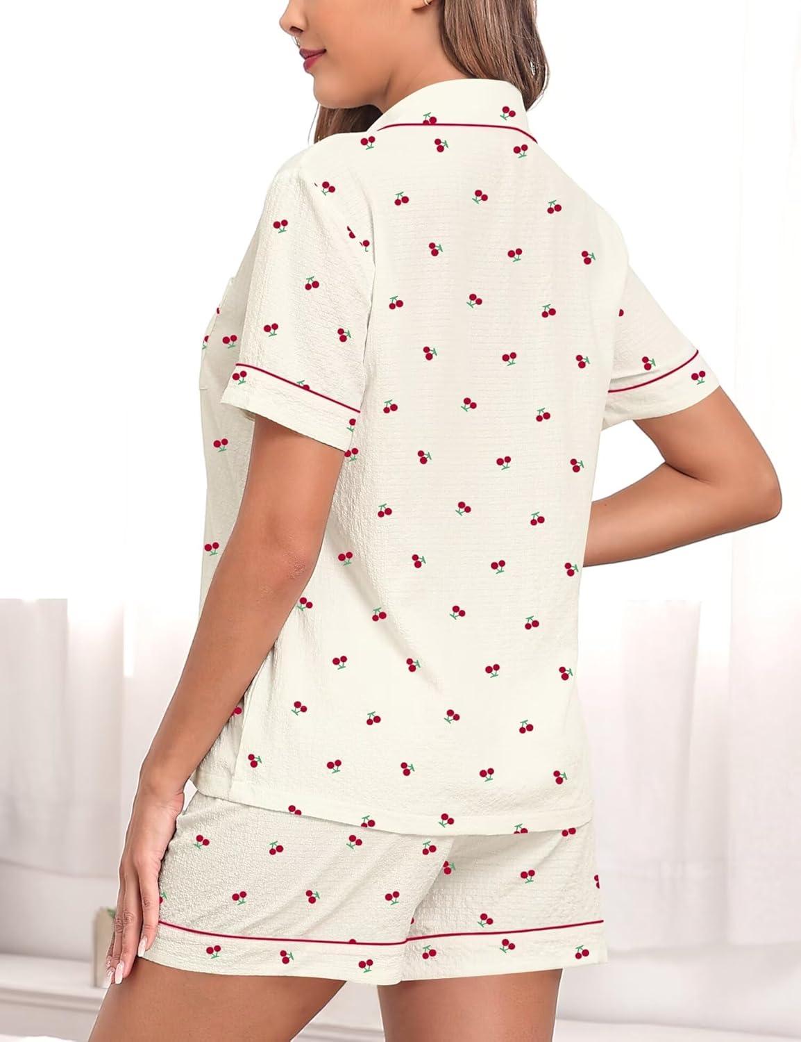 imageSWOMOG Women 2 Piece Pajamas Sets Short Sleeve Pj Sets Cute Printed Sleepwear Button Down Shirt with Lounge Shorts SetBeige Cherry