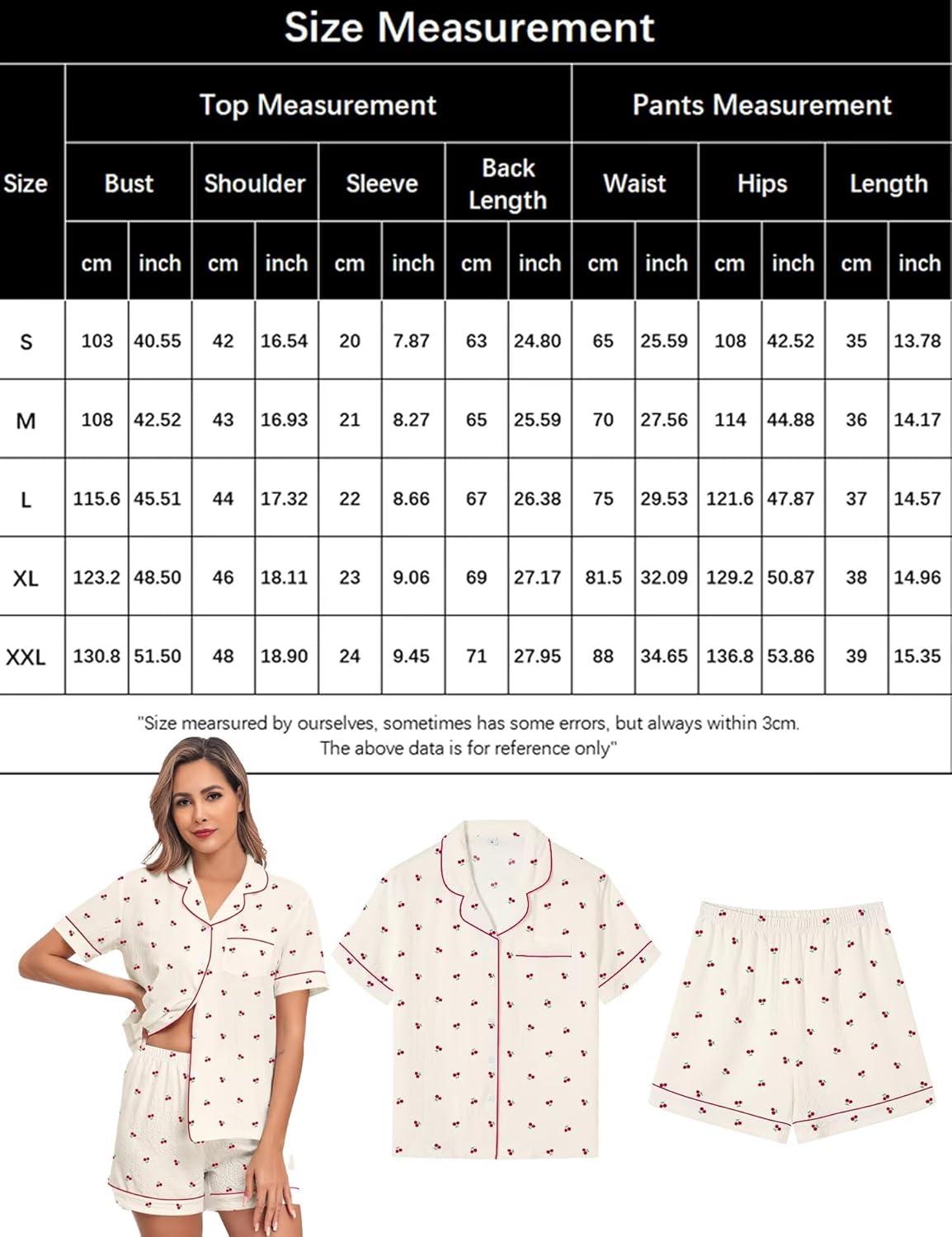 imageSWOMOG Women 2 Piece Pajamas Sets Short Sleeve Pj Sets Cute Printed Sleepwear Button Down Shirt with Lounge Shorts SetBeige Cherry