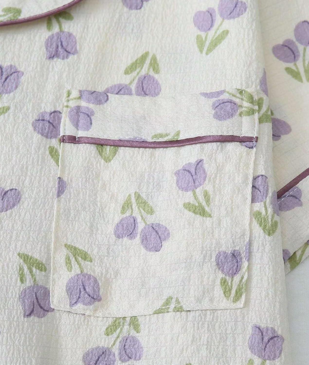 imageSWOMOG Women 2 Piece Pajamas Sets Short Sleeve Pj Sets Cute Printed Sleepwear Button Down Shirt with Lounge Shorts SetBeige Flower