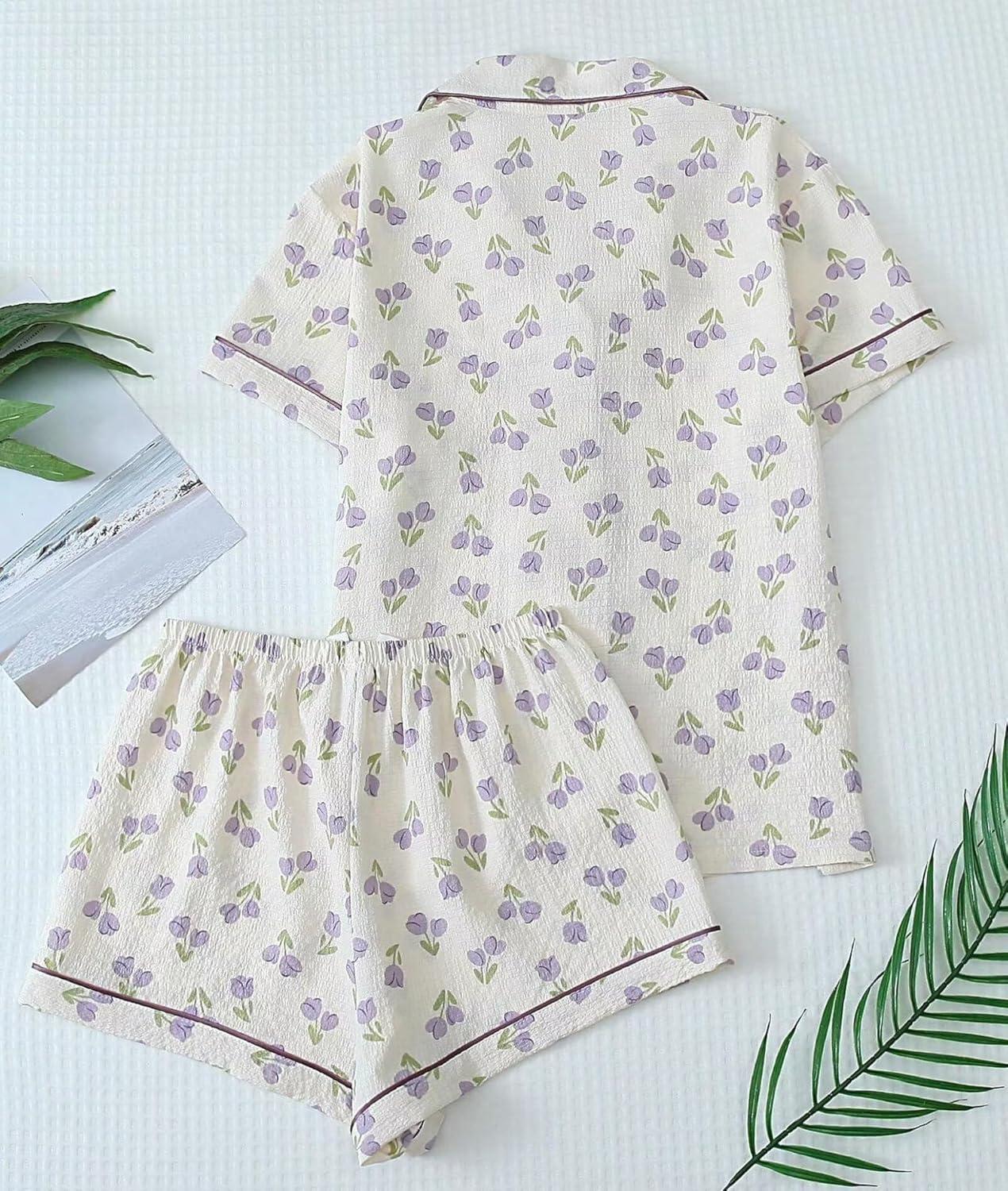 imageSWOMOG Women 2 Piece Pajamas Sets Short Sleeve Pj Sets Cute Printed Sleepwear Button Down Shirt with Lounge Shorts SetBeige Flower