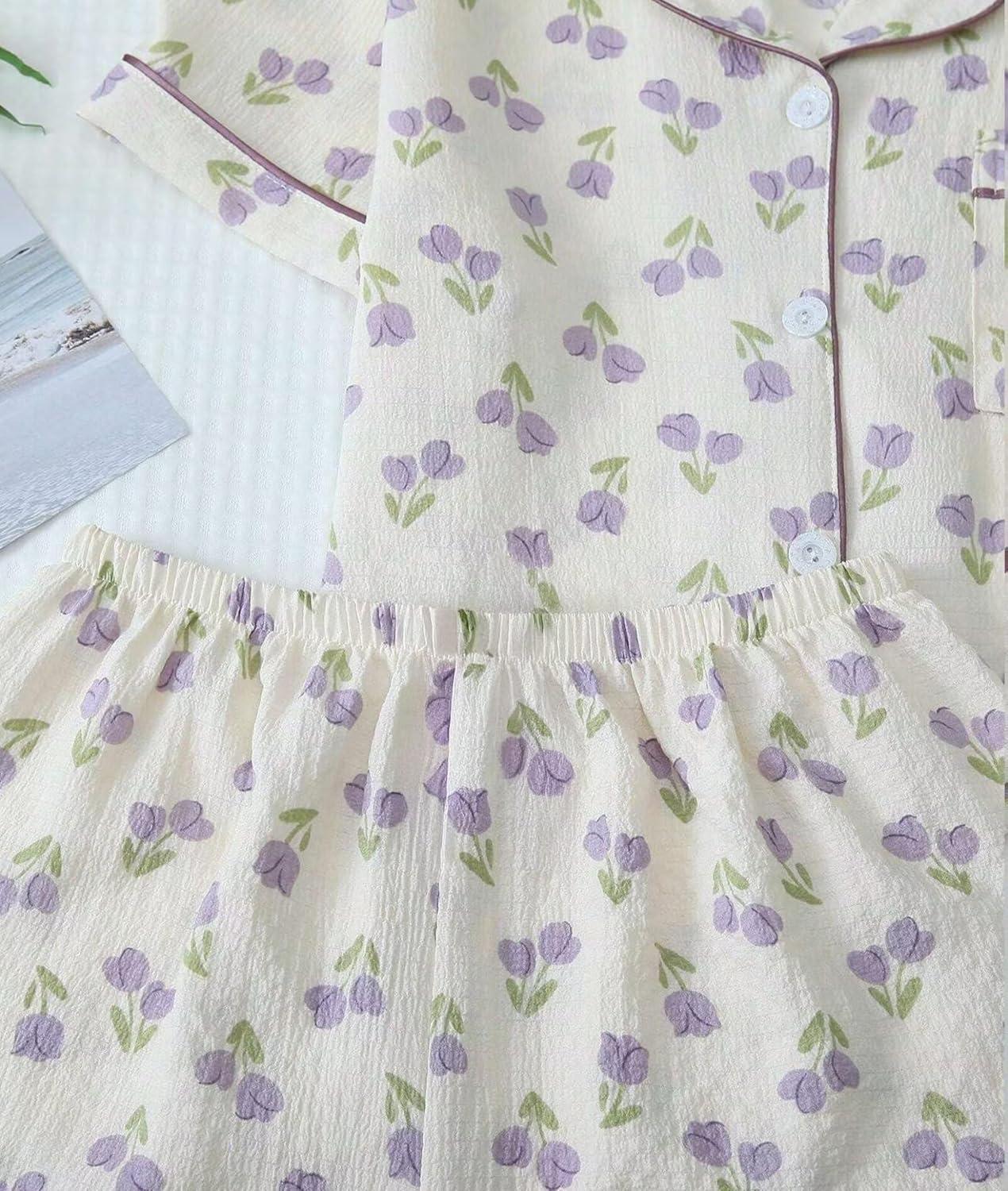 imageSWOMOG Women 2 Piece Pajamas Sets Short Sleeve Pj Sets Cute Printed Sleepwear Button Down Shirt with Lounge Shorts SetBeige Flower