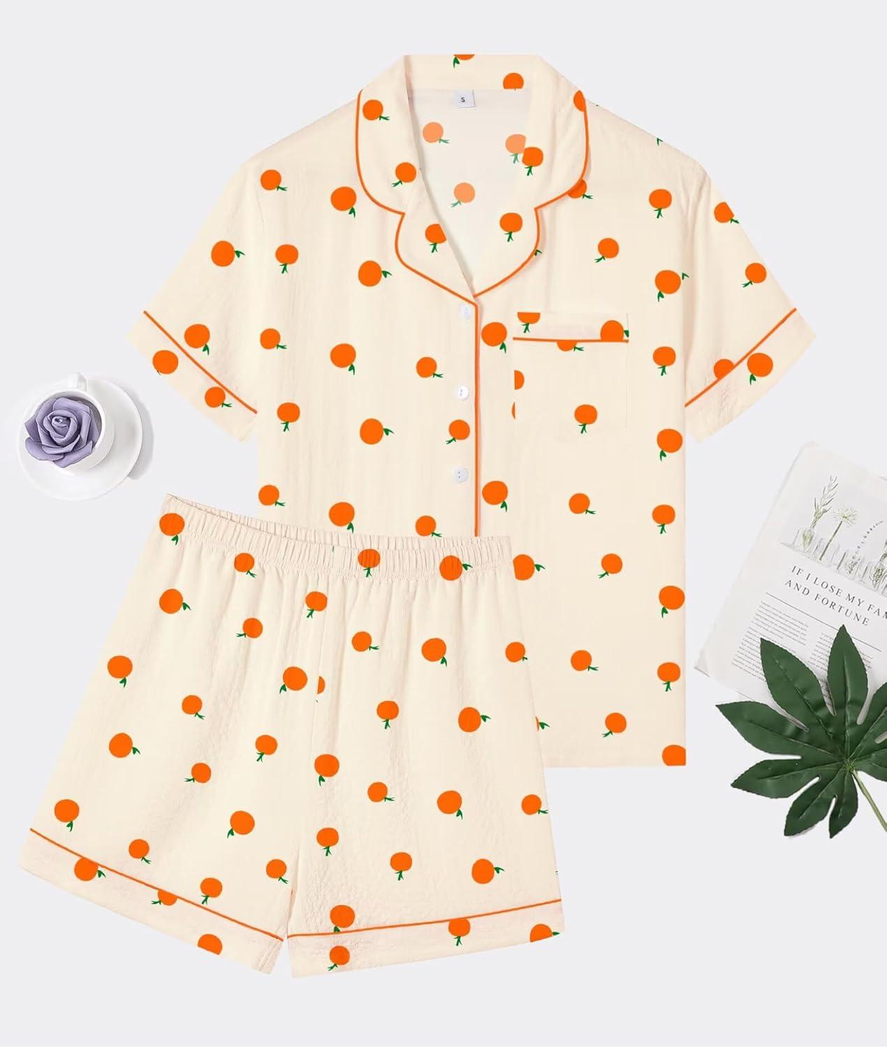 imageSWOMOG Women 2 Piece Pajamas Sets Short Sleeve Pj Sets Cute Printed Sleepwear Button Down Shirt with Lounge Shorts SetBeige Orange