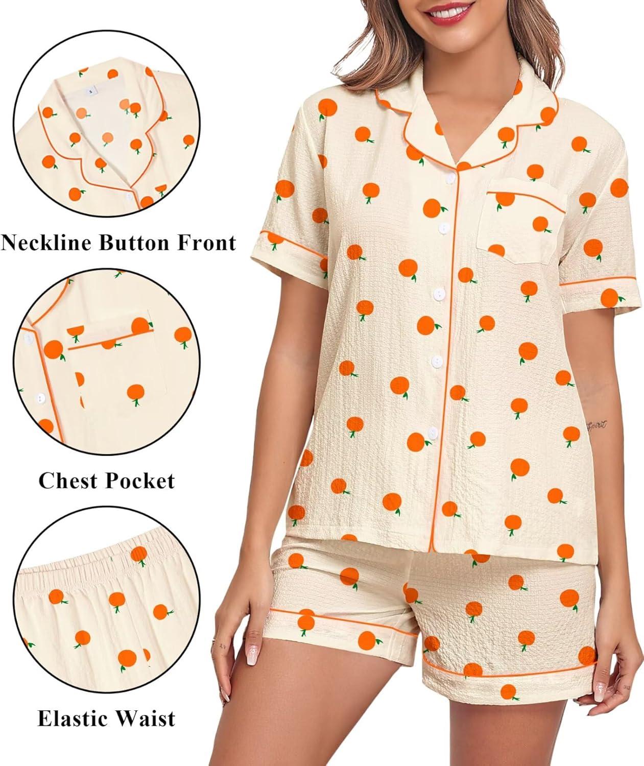 imageSWOMOG Women 2 Piece Pajamas Sets Short Sleeve Pj Sets Cute Printed Sleepwear Button Down Shirt with Lounge Shorts SetBeige Orange
