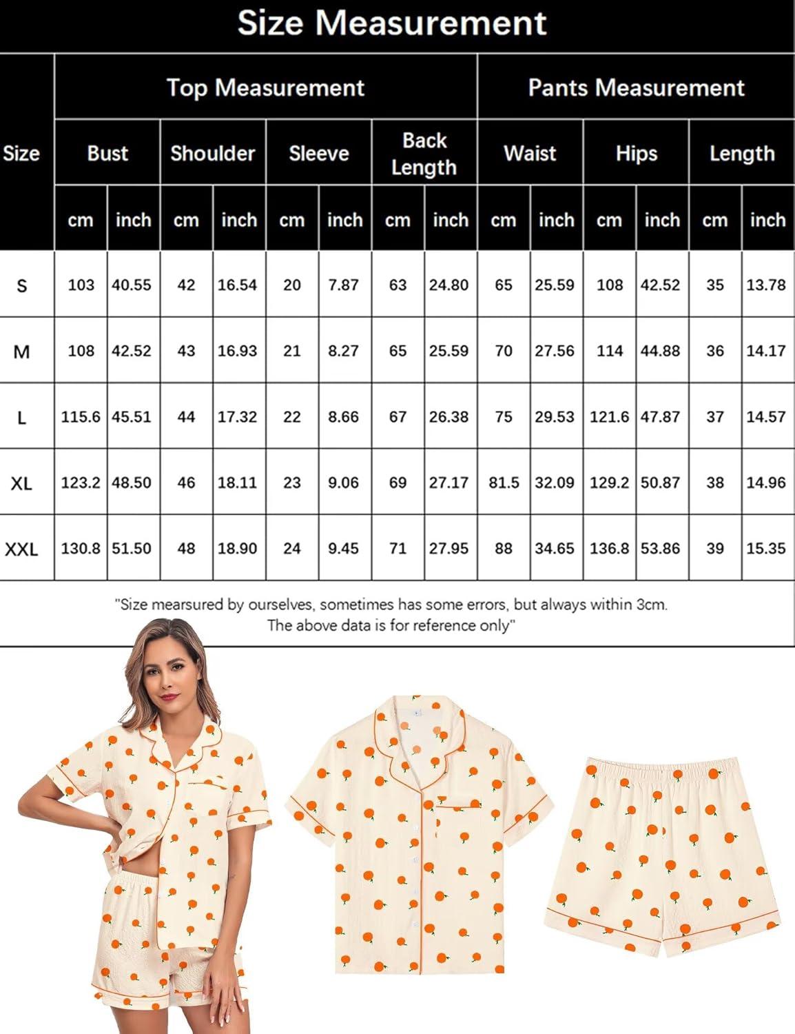 imageSWOMOG Women 2 Piece Pajamas Sets Short Sleeve Pj Sets Cute Printed Sleepwear Button Down Shirt with Lounge Shorts SetBeige Orange