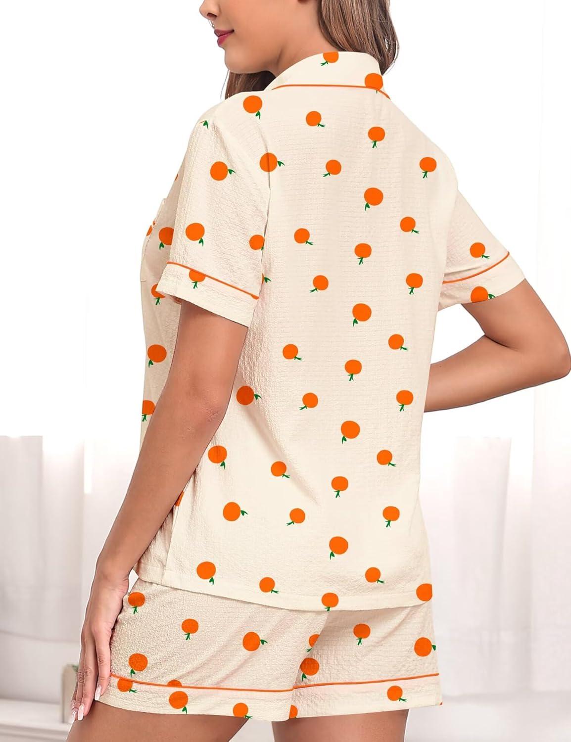 imageSWOMOG Women 2 Piece Pajamas Sets Short Sleeve Pj Sets Cute Printed Sleepwear Button Down Shirt with Lounge Shorts SetBeige Orange