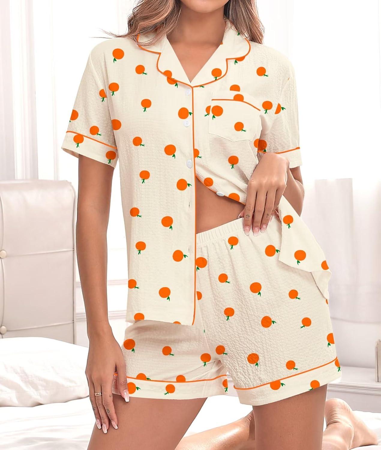 imageSWOMOG Women 2 Piece Pajamas Sets Short Sleeve Pj Sets Cute Printed Sleepwear Button Down Shirt with Lounge Shorts SetBeige Orange