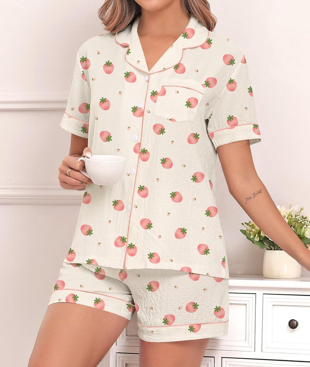 imageSWOMOG Women 2 Piece Pajamas Sets Short Sleeve Pj Sets Cute Printed Sleepwear Button Down Shirt with Lounge Shorts SetBeige Strawberry