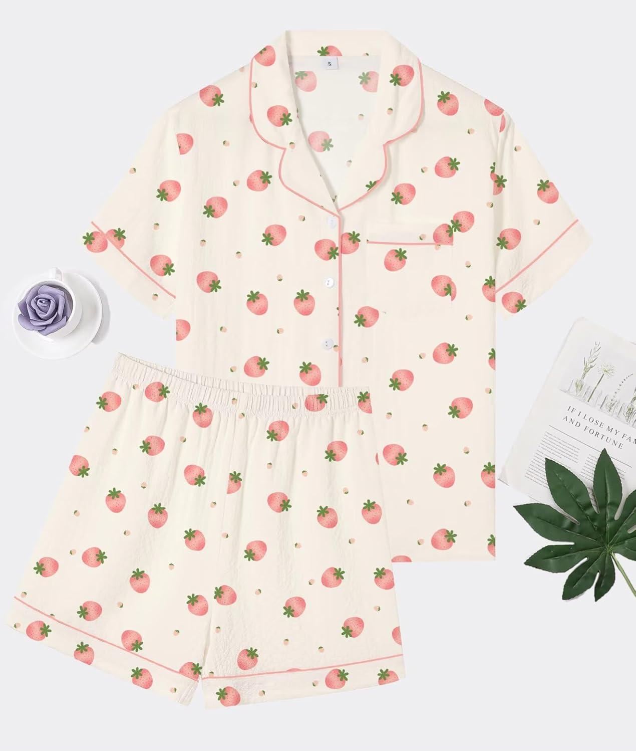 imageSWOMOG Women 2 Piece Pajamas Sets Short Sleeve Pj Sets Cute Printed Sleepwear Button Down Shirt with Lounge Shorts SetBeige Strawberry