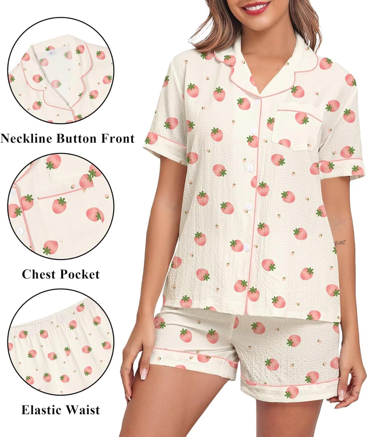 imageSWOMOG Women 2 Piece Pajamas Sets Short Sleeve Pj Sets Cute Printed Sleepwear Button Down Shirt with Lounge Shorts SetBeige Strawberry