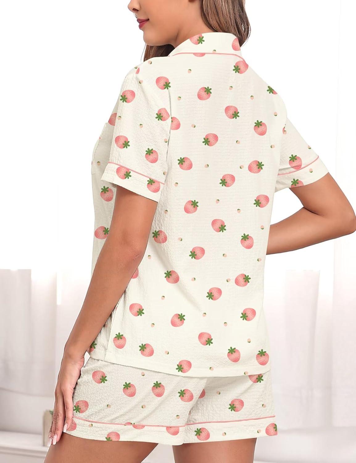 imageSWOMOG Women 2 Piece Pajamas Sets Short Sleeve Pj Sets Cute Printed Sleepwear Button Down Shirt with Lounge Shorts SetBeige Strawberry