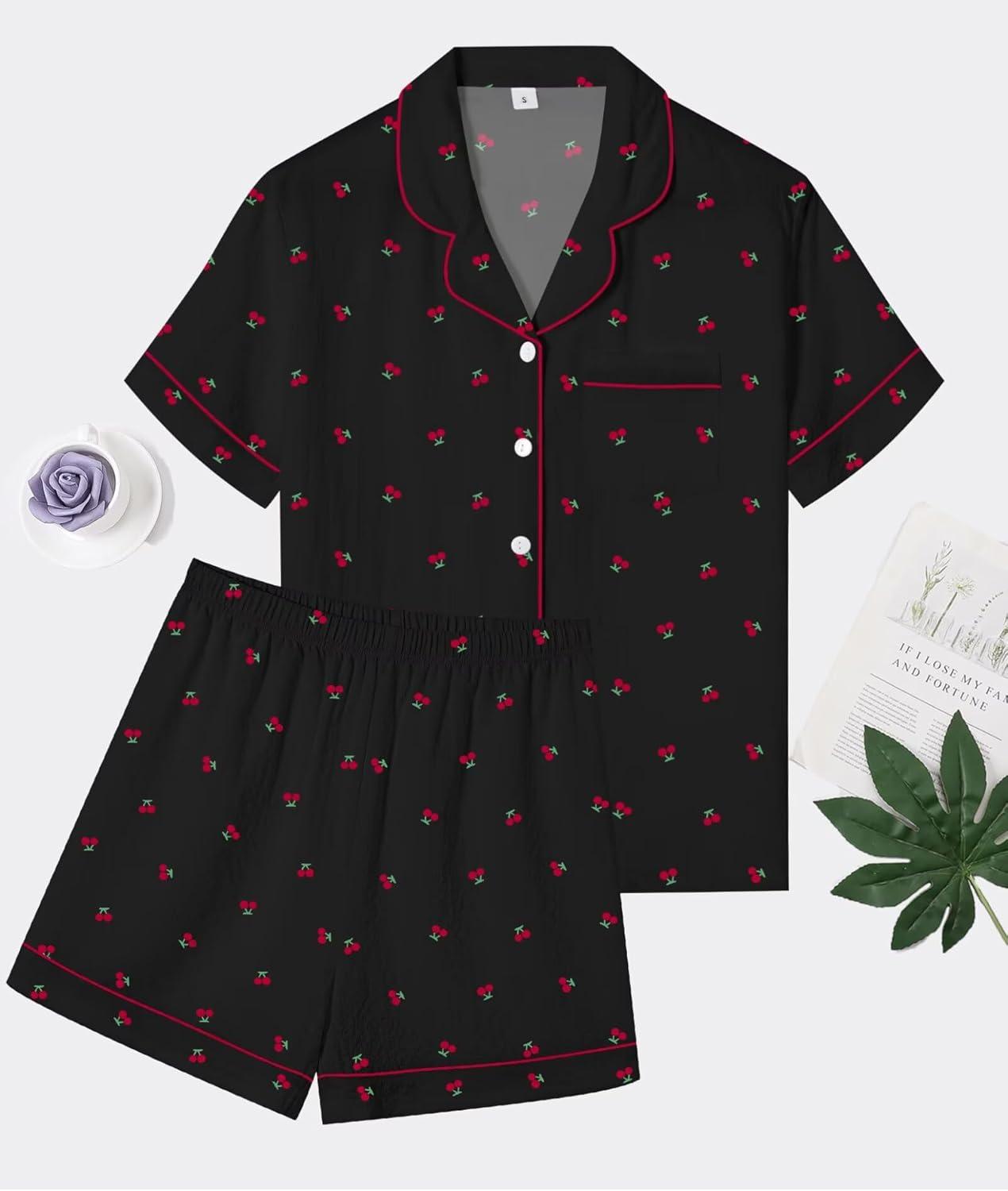 imageSWOMOG Women 2 Piece Pajamas Sets Short Sleeve Pj Sets Cute Printed Sleepwear Button Down Shirt with Lounge Shorts SetCherry Black
