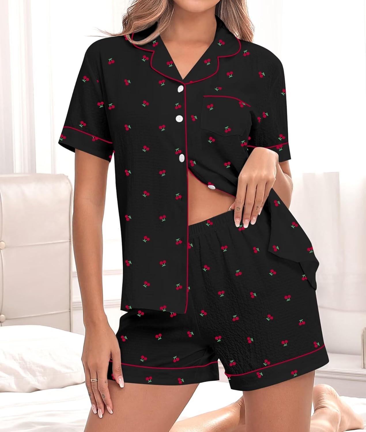 imageSWOMOG Women 2 Piece Pajamas Sets Short Sleeve Pj Sets Cute Printed Sleepwear Button Down Shirt with Lounge Shorts SetCherry Black