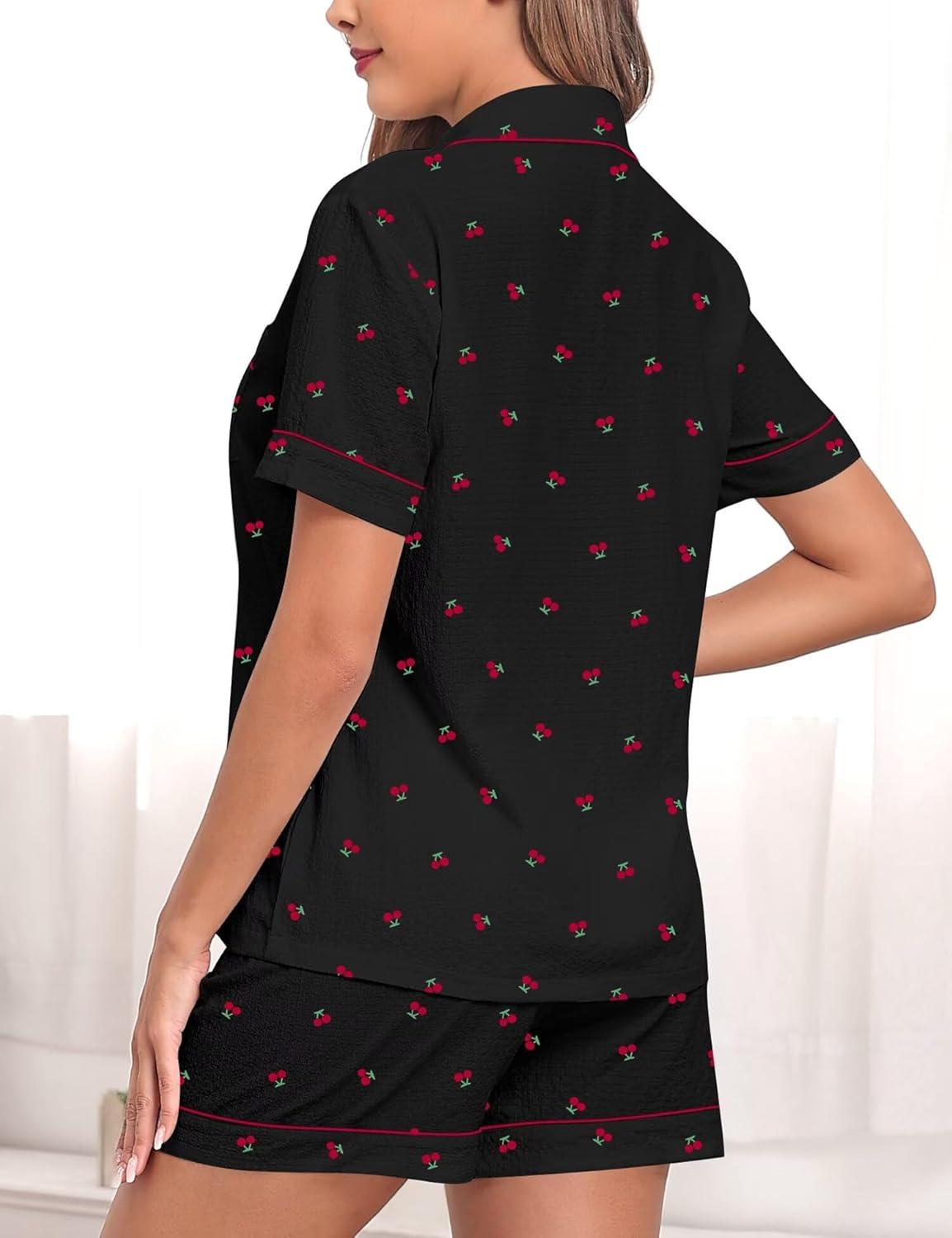 imageSWOMOG Women 2 Piece Pajamas Sets Short Sleeve Pj Sets Cute Printed Sleepwear Button Down Shirt with Lounge Shorts SetCherry Black
