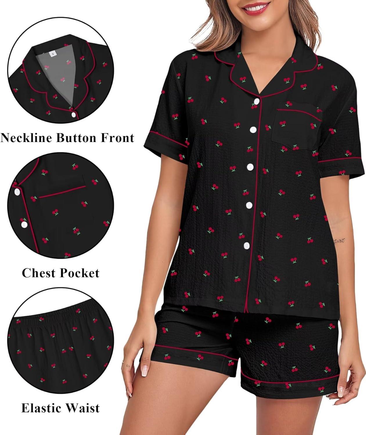 imageSWOMOG Women 2 Piece Pajamas Sets Short Sleeve Pj Sets Cute Printed Sleepwear Button Down Shirt with Lounge Shorts SetCherry Black