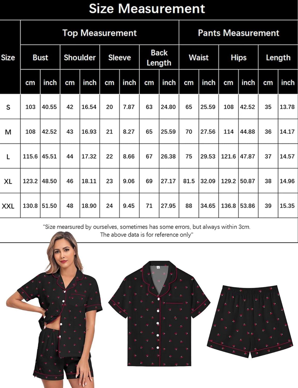 imageSWOMOG Women 2 Piece Pajamas Sets Short Sleeve Pj Sets Cute Printed Sleepwear Button Down Shirt with Lounge Shorts SetCherry Black