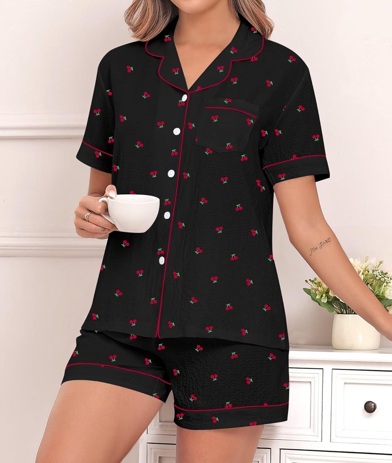imageSWOMOG Women 2 Piece Pajamas Sets Short Sleeve Pj Sets Cute Printed Sleepwear Button Down Shirt with Lounge Shorts SetCherry Black